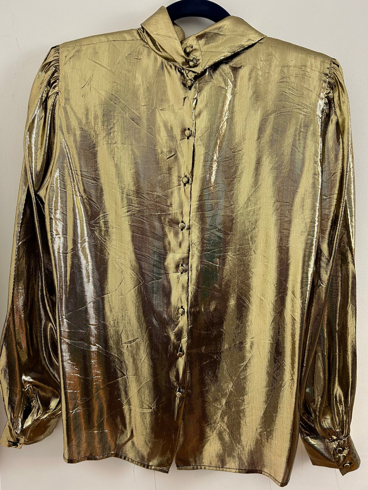 Vintage 1980s LLOYD WILLIAMS UK Size 12 Gold Lame Long Sleeve Button Black Blouse/Top
