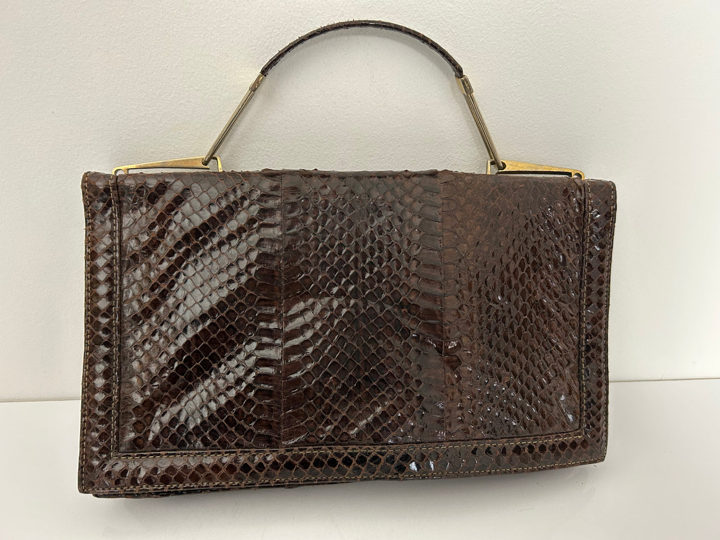 Vintage 1970s Italian Brown Reptile Leather Handbag With Removable Shoulder Strap