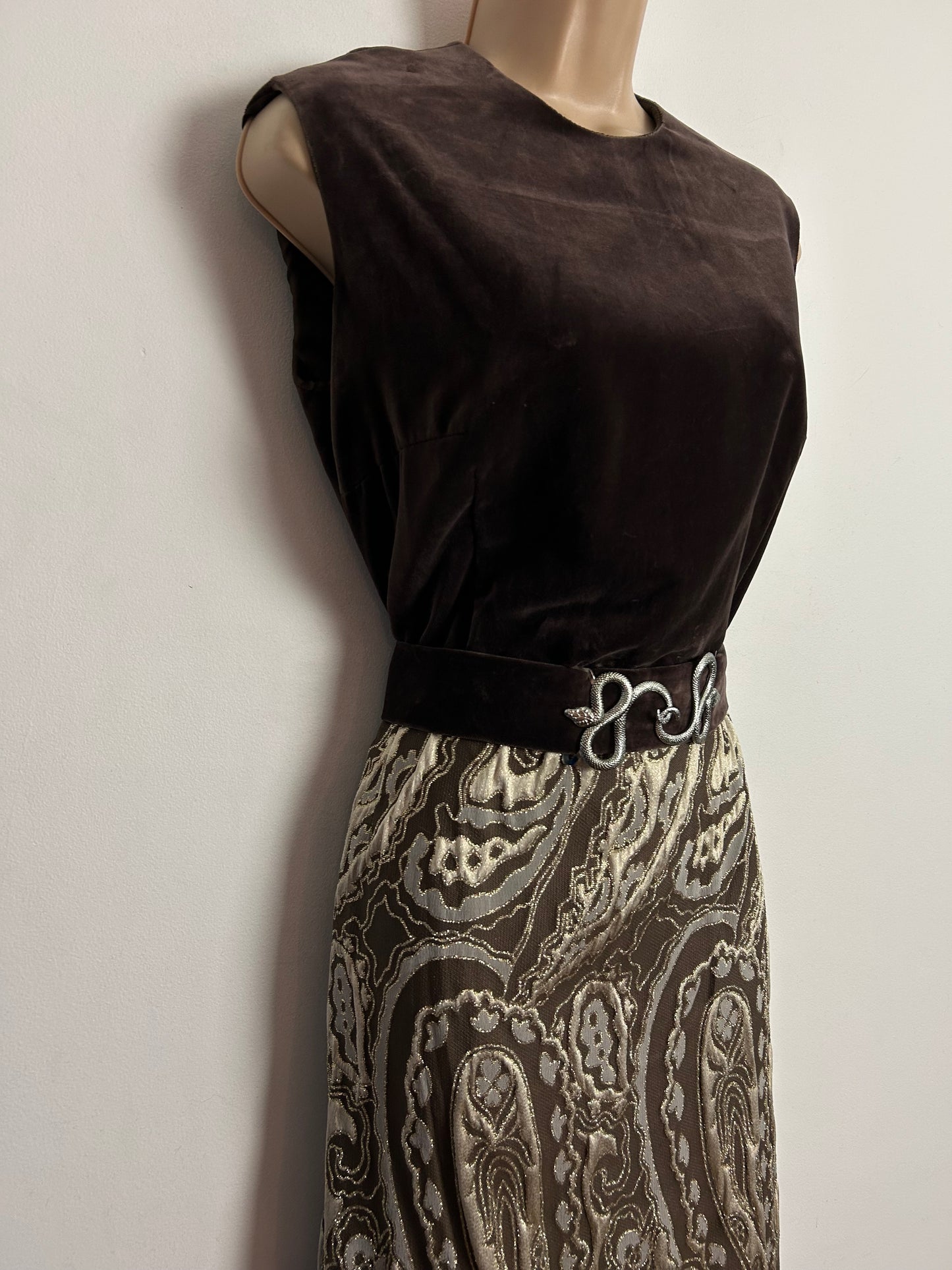 Vintage 1970s UK Size 10-12 Brown Gold & Silver Velvet & Brocade Belted Evening Maxi Dress