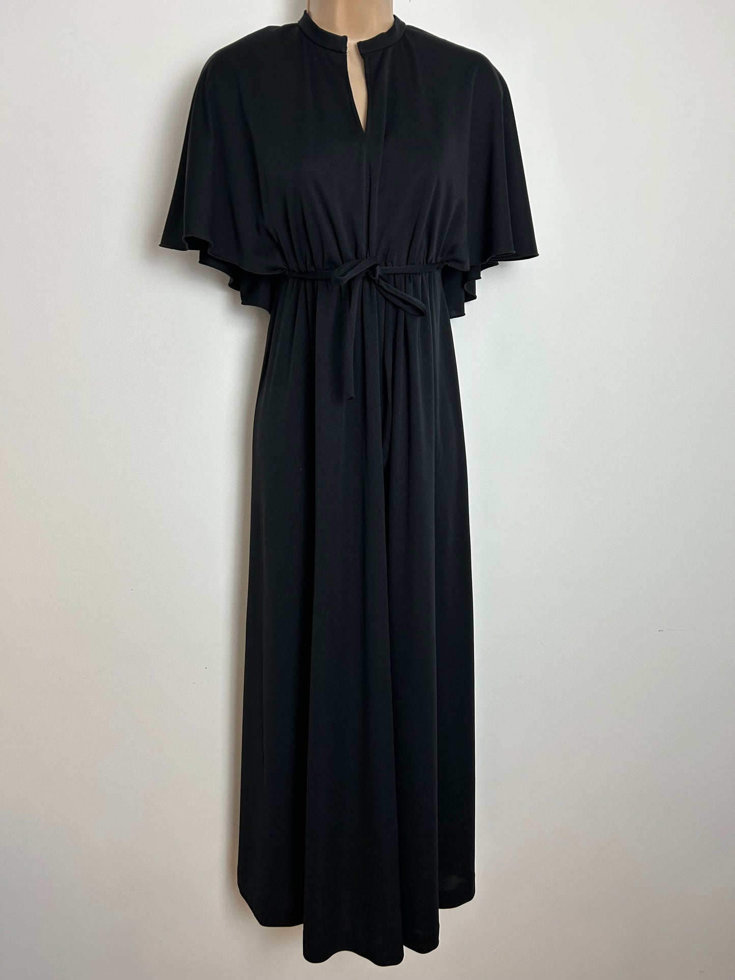 Vintage 1970s KATI AT LAURA PHILLIPS Size 10 Black Flutter Cape Sleeve Empire Line Maxi Dress