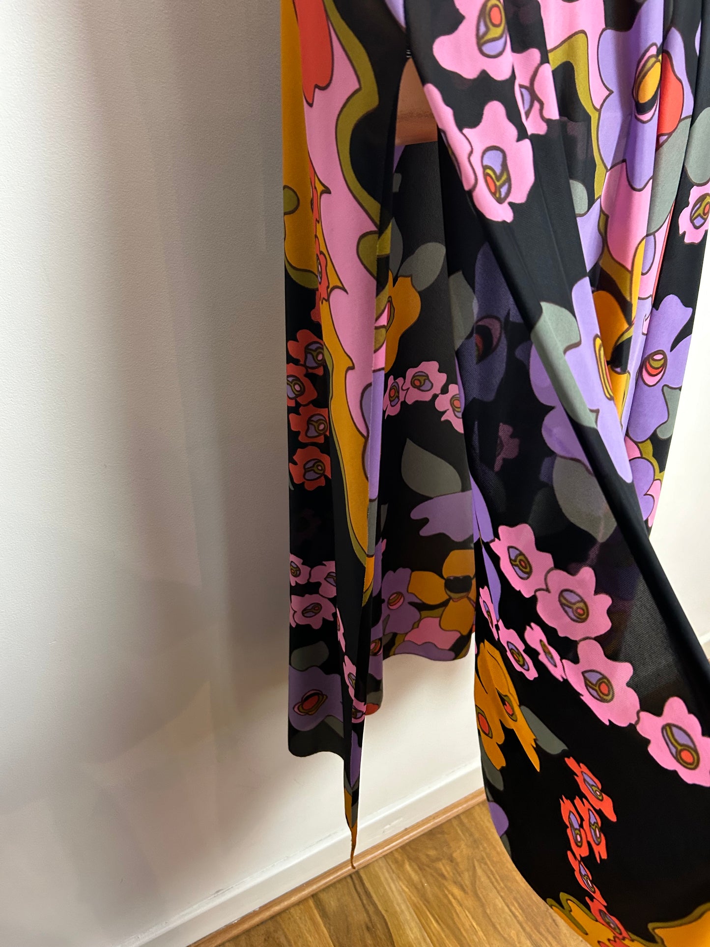 Vintage 1970s UK Size 14 Black Pink Lilac Orange & Mustard Yellow Lightweight Nylon Maxi Dress