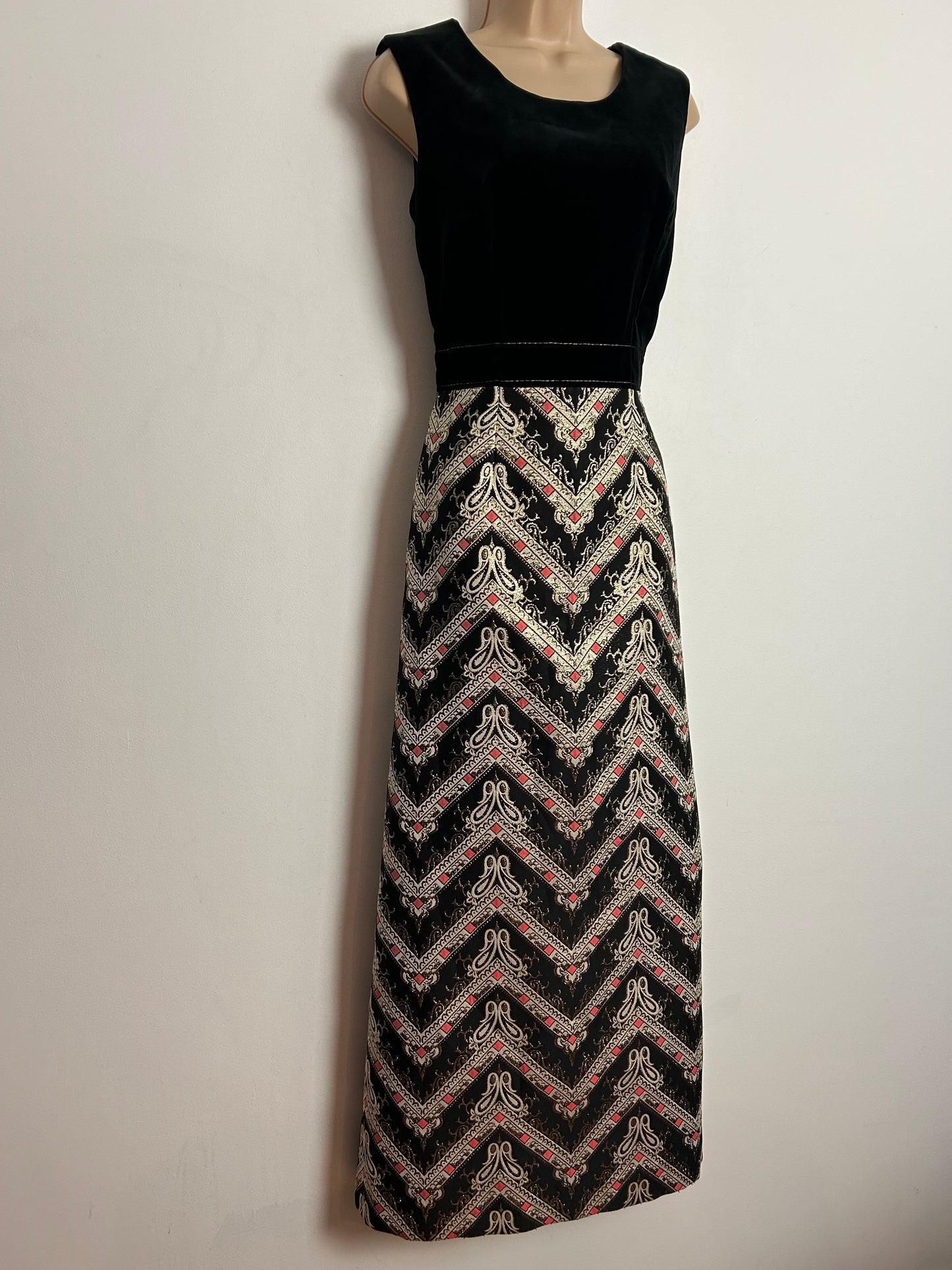 Vintage 1960s UK Size 12 Black Gold & Pink Velvet & Brocade Evening Occasion Maxi Dress