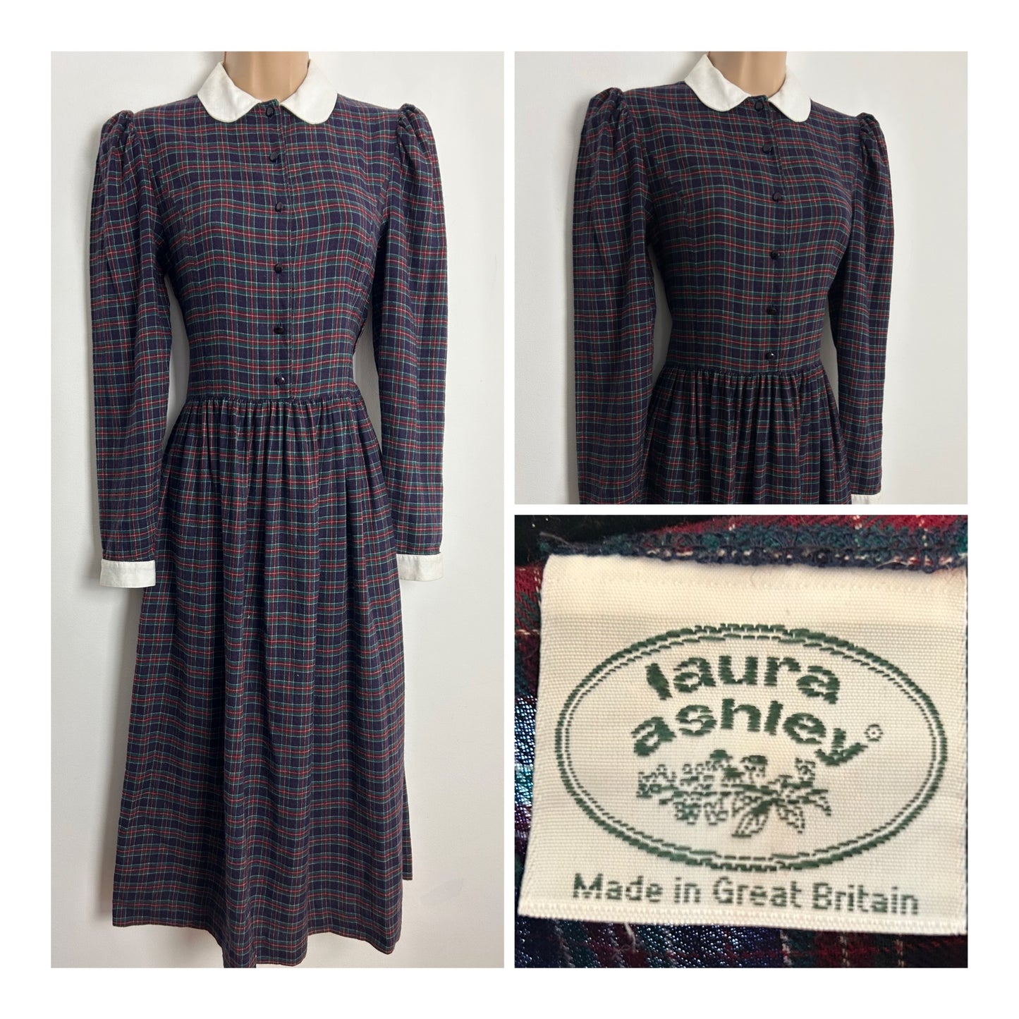 Vintage 1980s LAURA ASHLEY UK Size 8 (10 On Label) Purple Red & Green Tartan Check Print Wool Mix Day Dress
