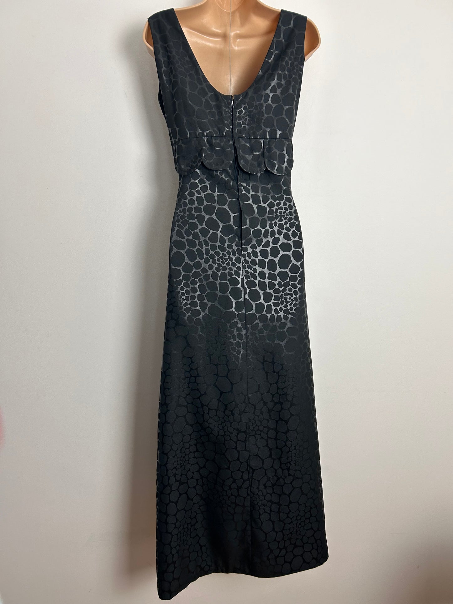 Vintage 1970s UK Size 8-10 Black Wet Look Animal (Giraffe) Print Scallop Frill Detail Maxi Dress