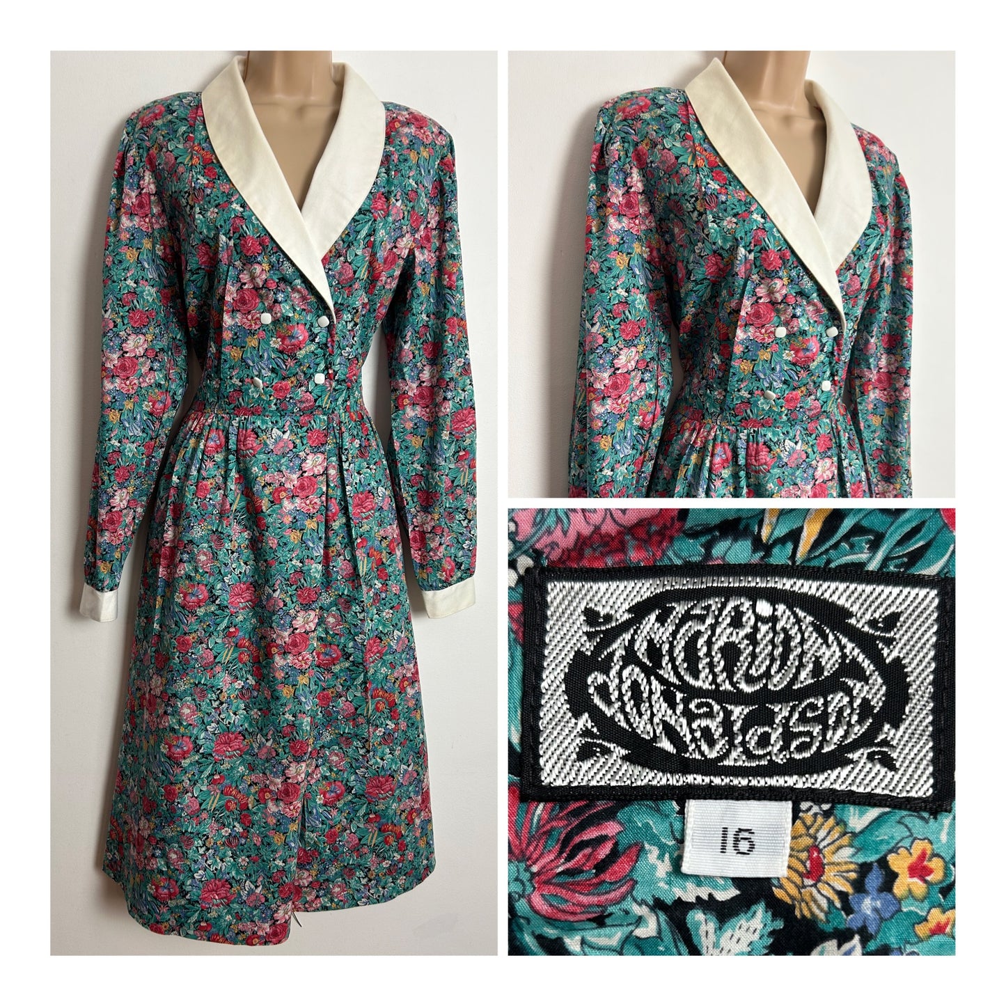 Vintage 1980s MARION DONALDSON UK Size 12 Black Green & Coral Floral LIBERTY Print Mock Wrap Cotton Day Dress