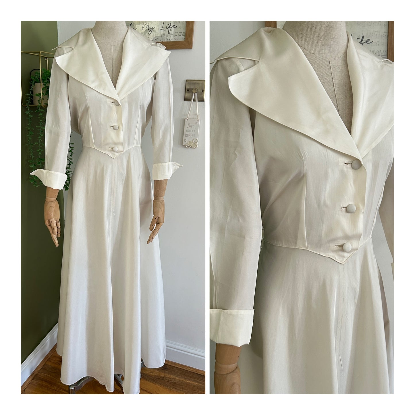 Vintage 1940s Size 14 Gorgeous Ivory Satin Shawl Collar Wedding/Occasion Maxi Dress