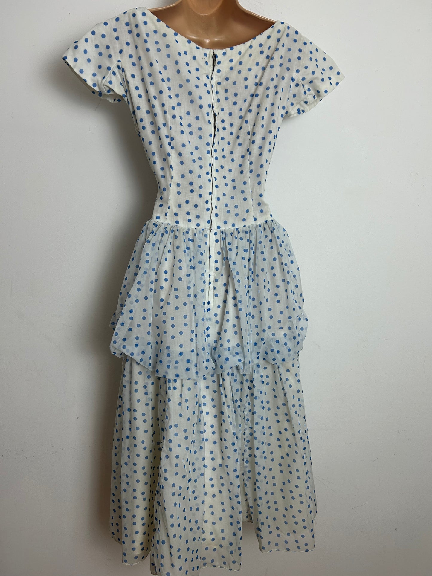 Vintage Late 1950s PECK & PECK Size 8 White & Blue Polka Dot Layered Party Prom Occasion Dress