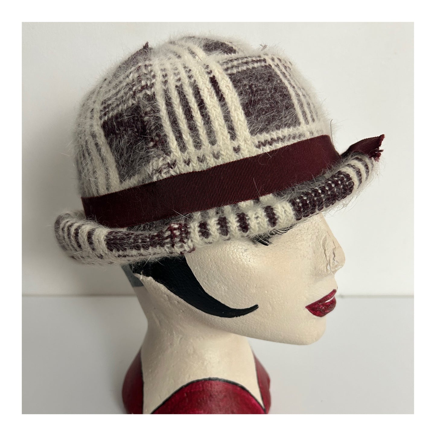 Vintage Cream & Maroon Check Pattern Angora Mix Braid Trim Hat
