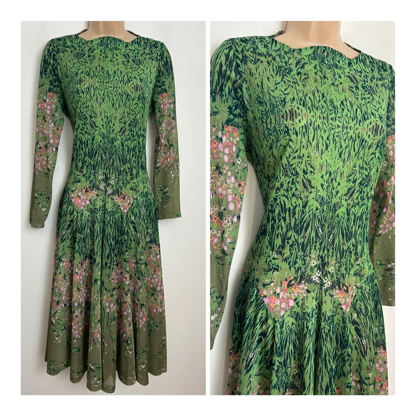 Vintage Late 1970s Italian Made FELICE For INSTRADE Size 8-10 Green & Pink Floral Print Long Sleeve Flared Day Dress