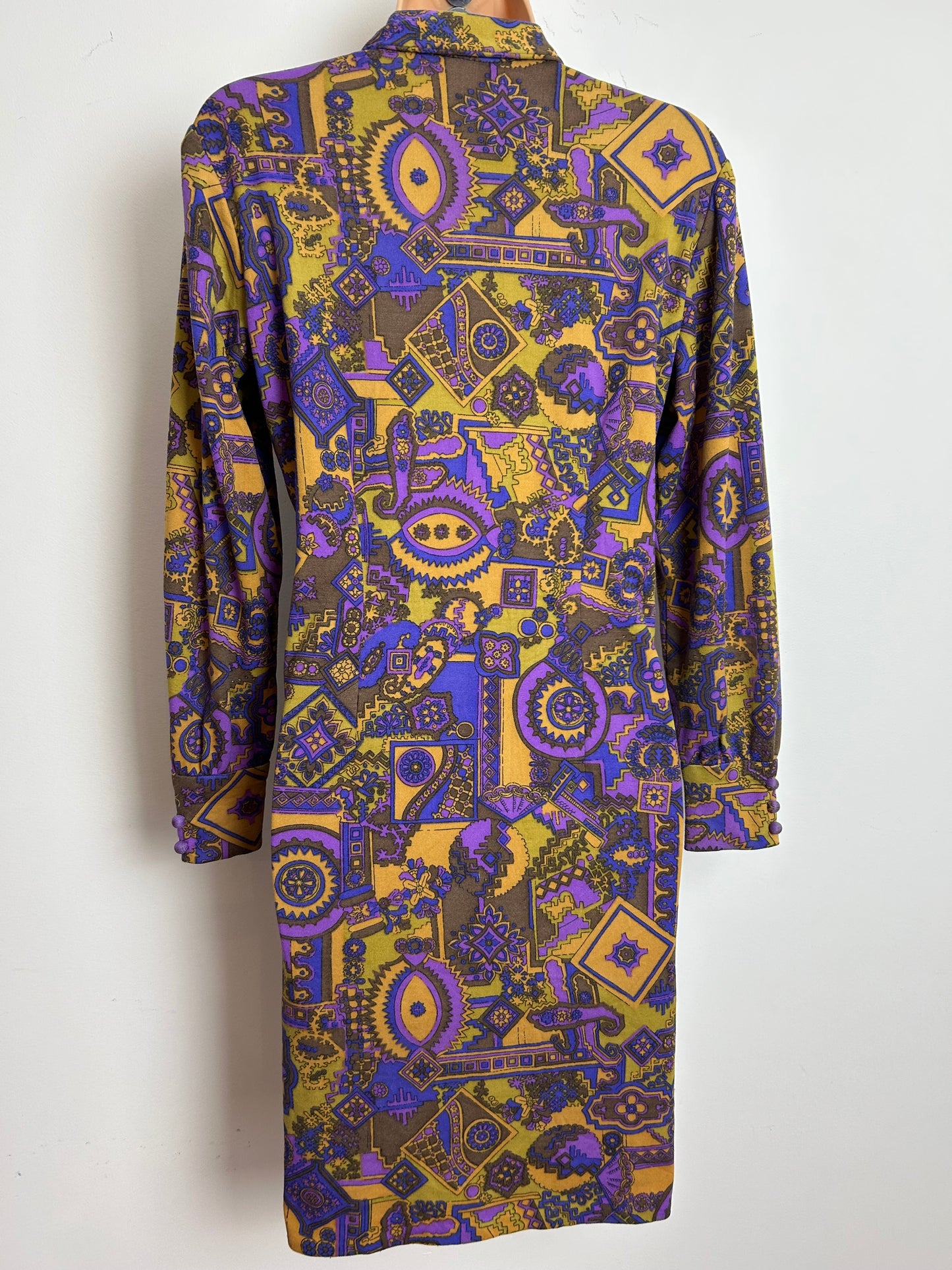 Vintage 1960s Size 12-14 Purple Brown & Mustard Abstract Scarf Print Mod Shift Dress