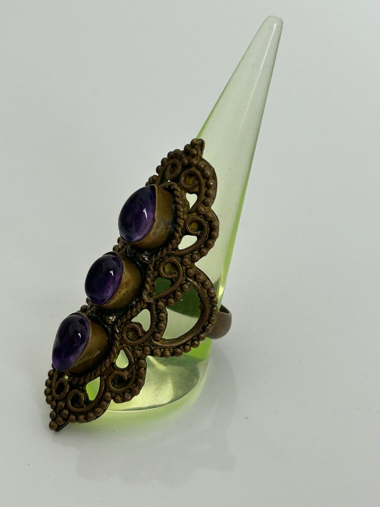 Vintage Mixed Metal Dark Gold Purple Stone Set Long Filigree Ring Size R