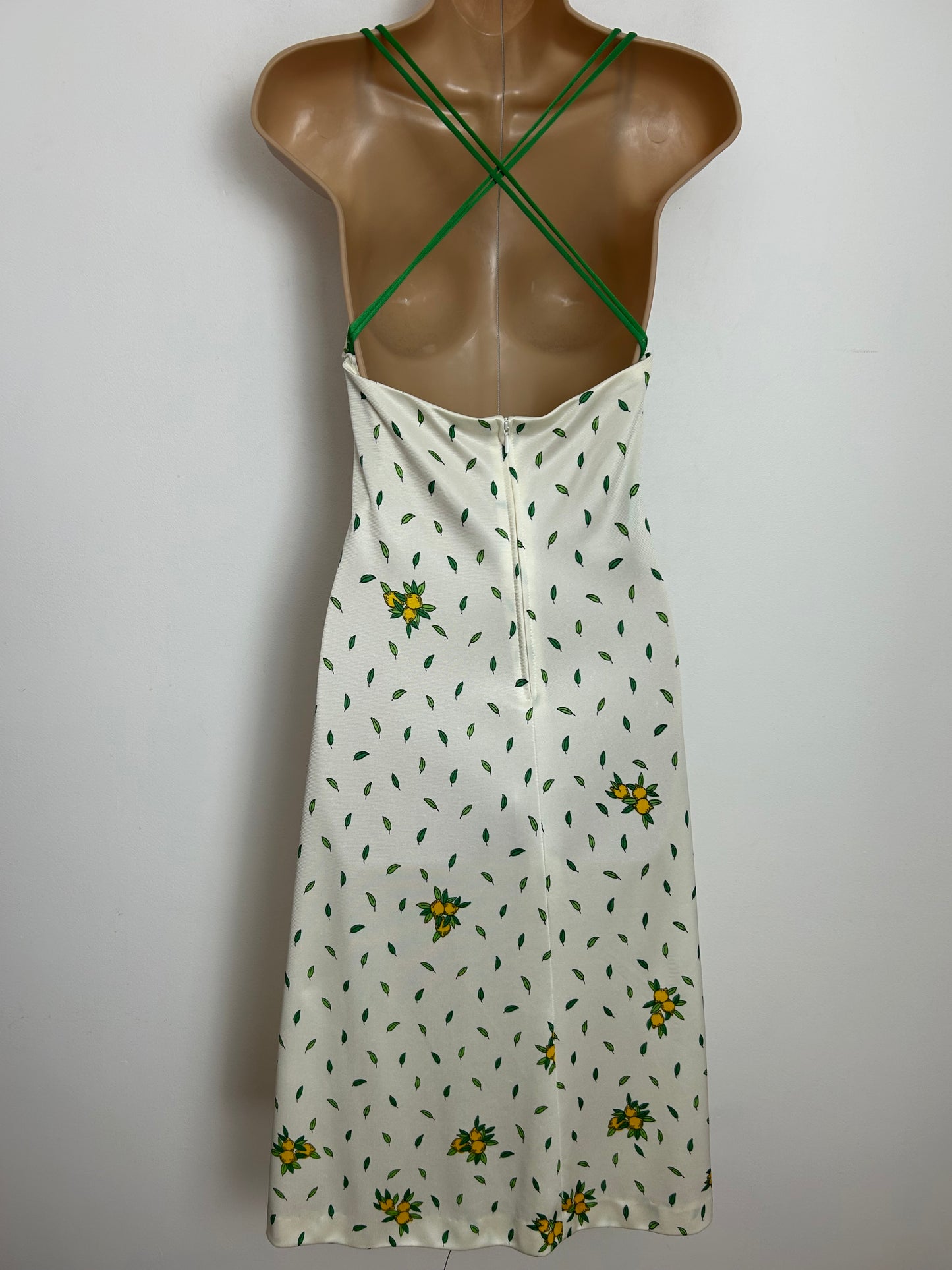 Vintage 1970s Size 6-8 White Green & Yellow Lemon & Leaf Print Double Cross Over Straps Summer Dress
