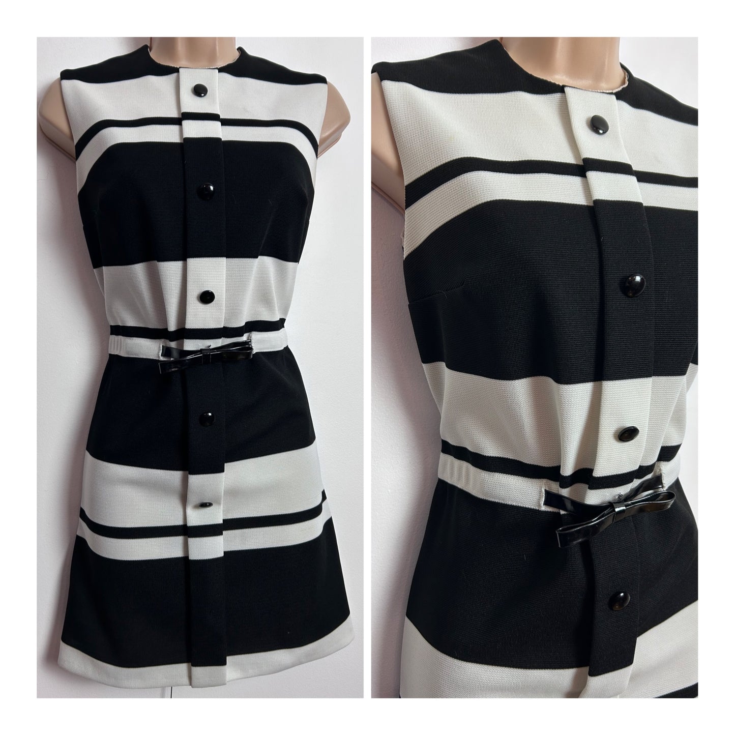 Vintage 1960s LIZA PETA Size 8 Black & White Monochrome Stripe Print Bow Detail Crimplene Mini Mod Dress