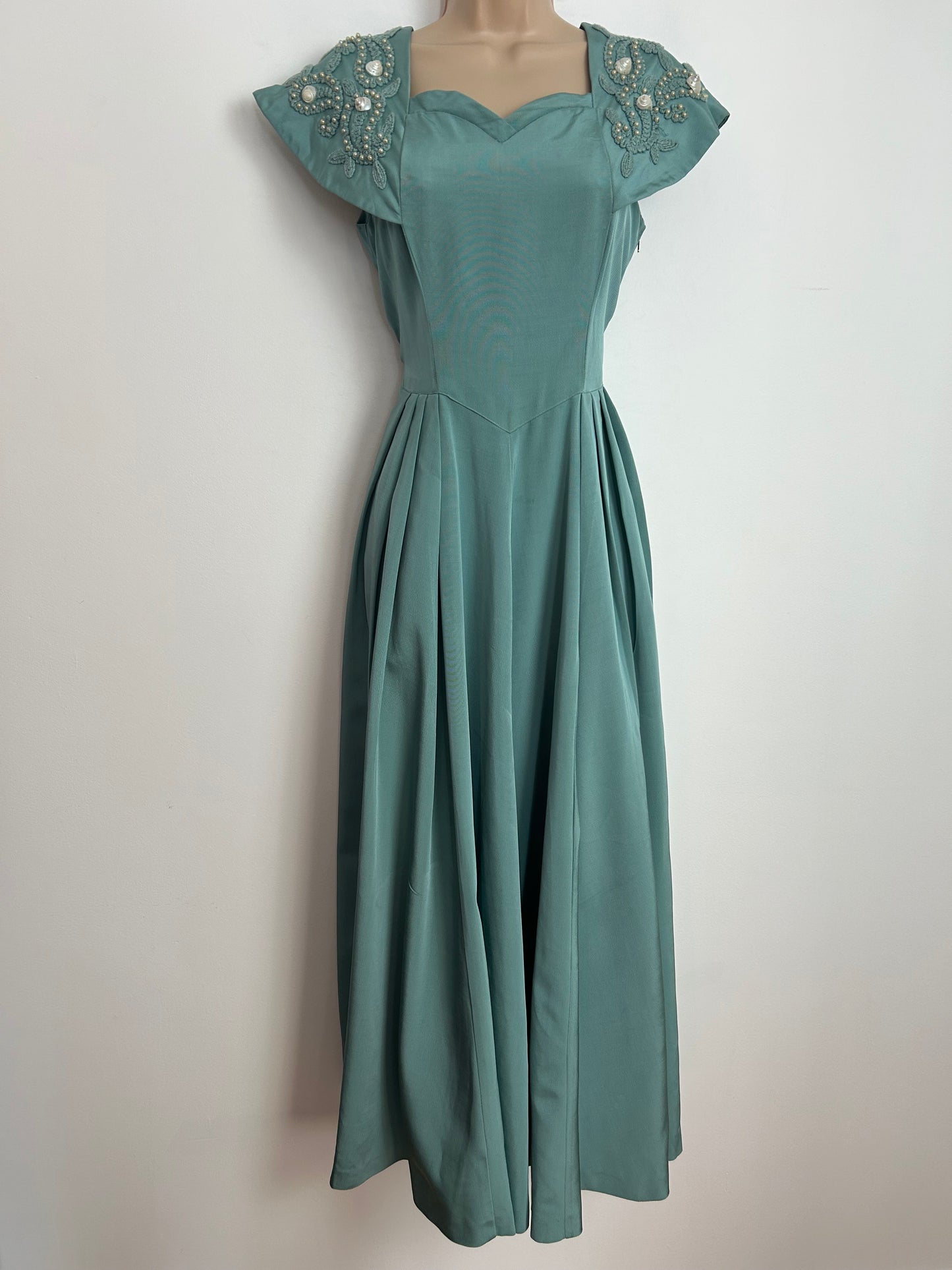 Vintage 1940s Size 10-12 Beautiful Duck Egg Blue Gaberdine Braid Bead & Shell Embellished Pleated Ballgown