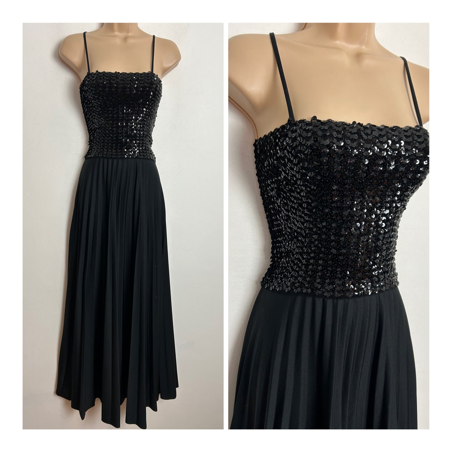 Vintage 1970s YOLENE Up To Size 10 Black Sequin Bodice Strappy Pleated Evening Maxi Dress