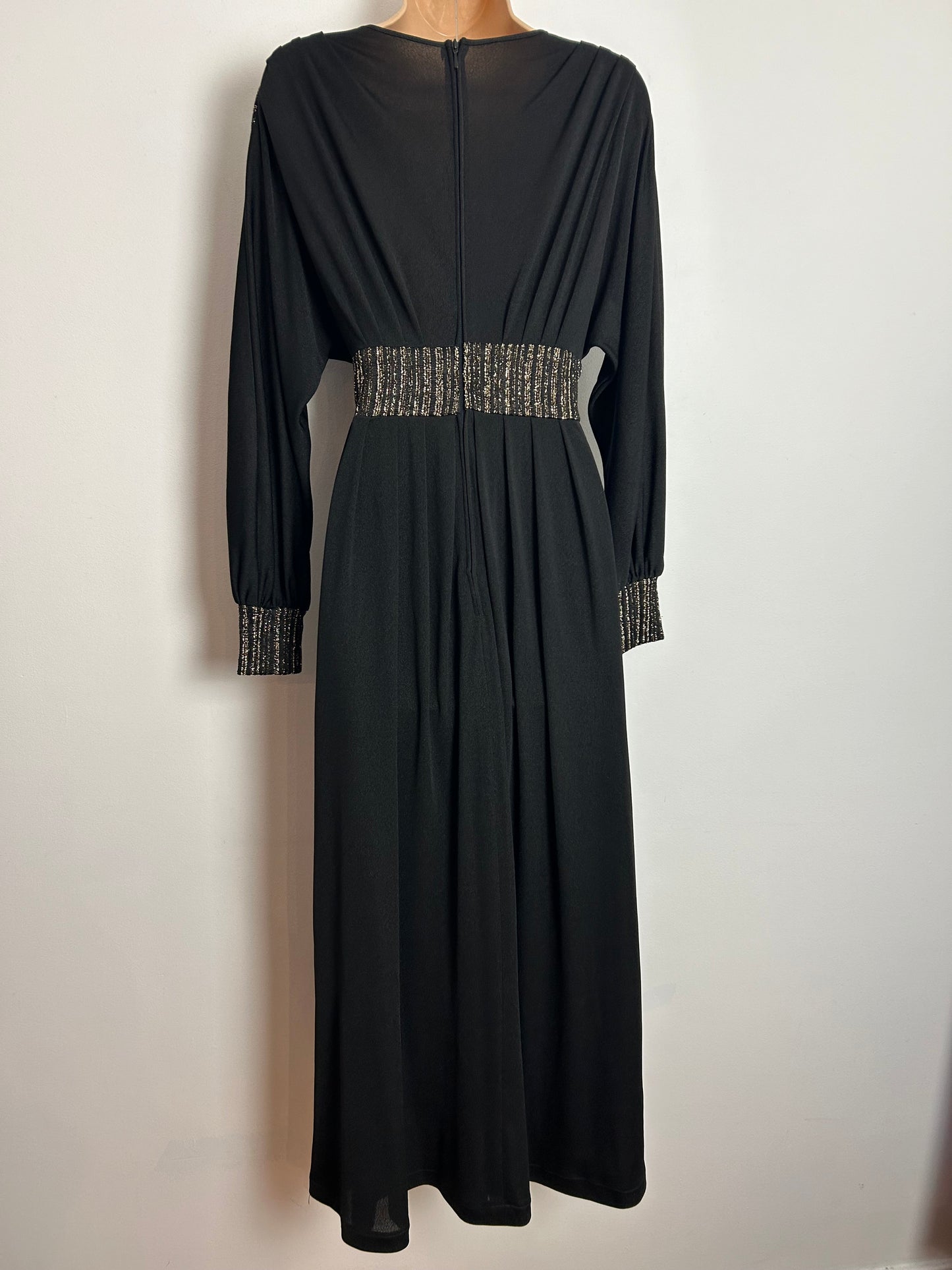 Vintage Early 1980s E&M AUGUSTAT UK Size 10 Black & Metallic Gold Pleated Evening Maxi Dress