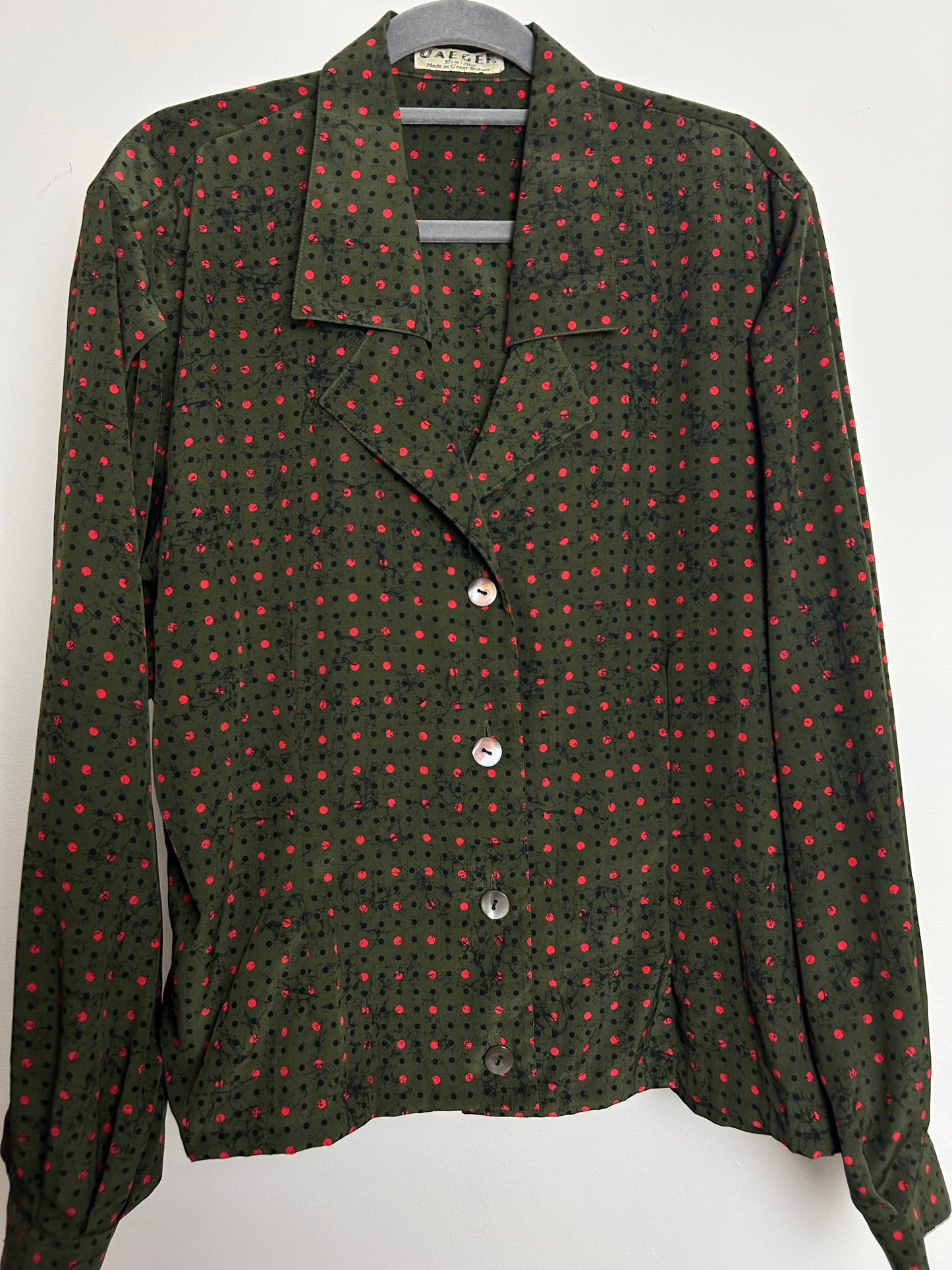Vintage 1970s JAEGER Size 14 Dark Green Red & Black Polka Dot Print Long Sleeve Blouse/Top
