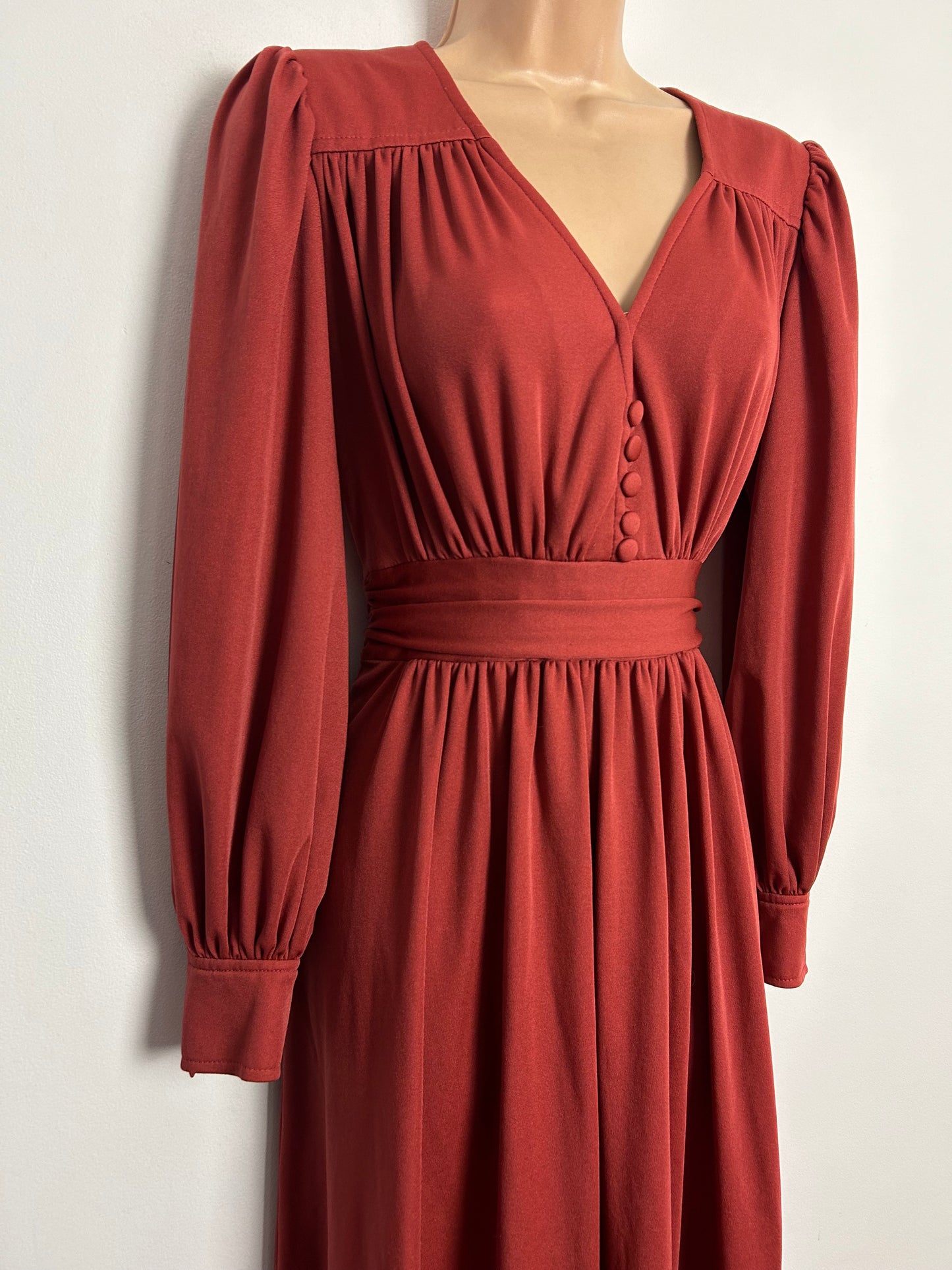 Vintage 1970s CREATION MADEMOISELLE UK Size 6-8 Terracotta Long Sleeve Gather Pleated Maxi Dress