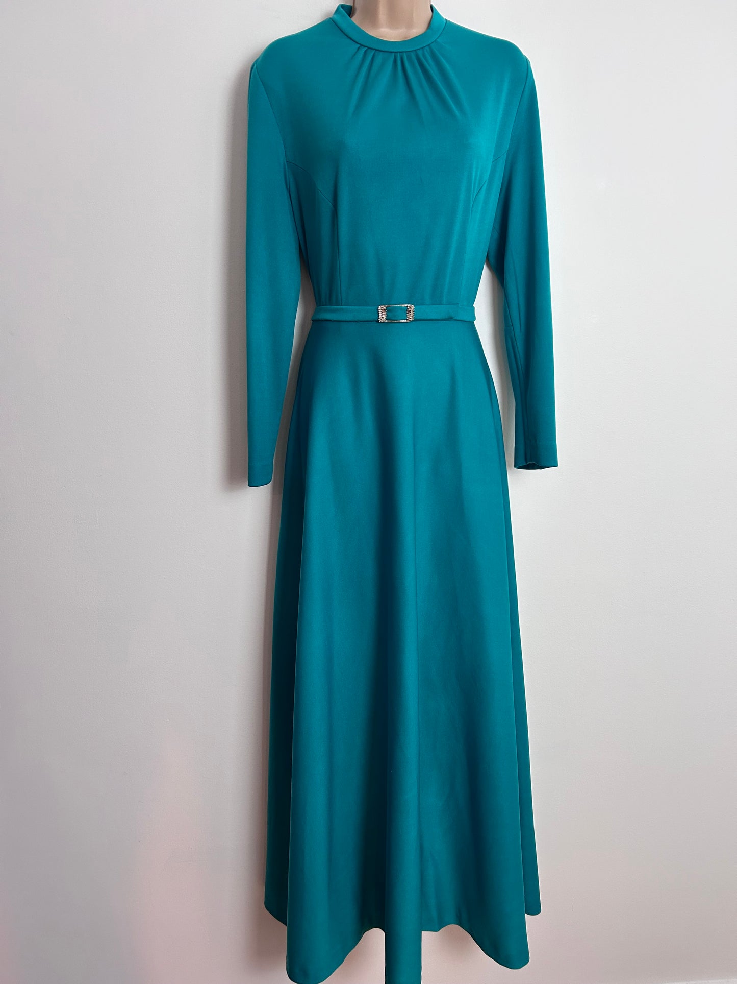 Vintage 1970s RIDELLA UK Size 12 Jade Green Long Sleeve Belted Maxi Dress