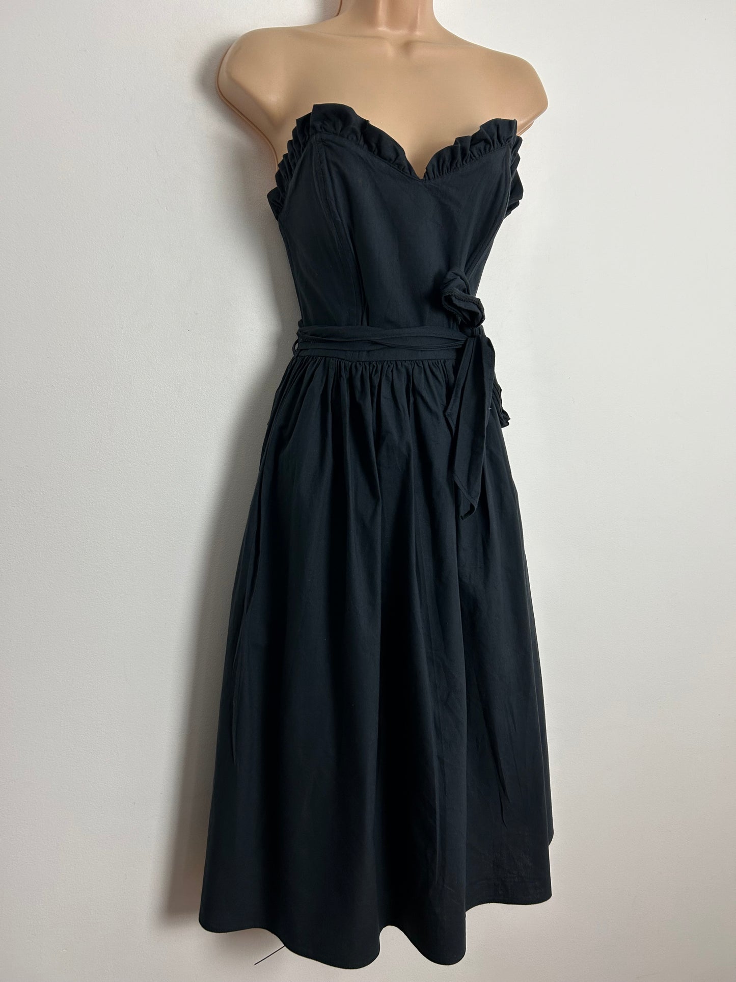 Vintage 1980s DOROTHY PERKINS UK Size 8 Black 100% Cotton Strapless Belted Party Prom Dress