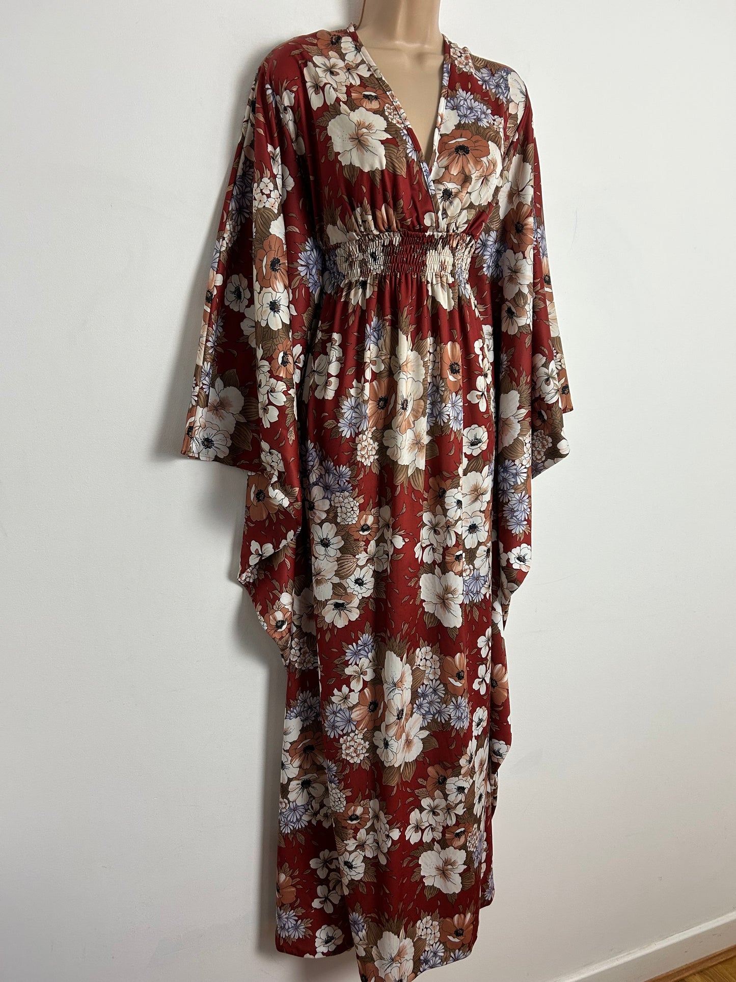 Vintage 1970s SYLVAN One Size Up To Size 12/14 Chestnut Brown Floral Print Wide Sleeve Kaftan Style Boho Maxi Dress