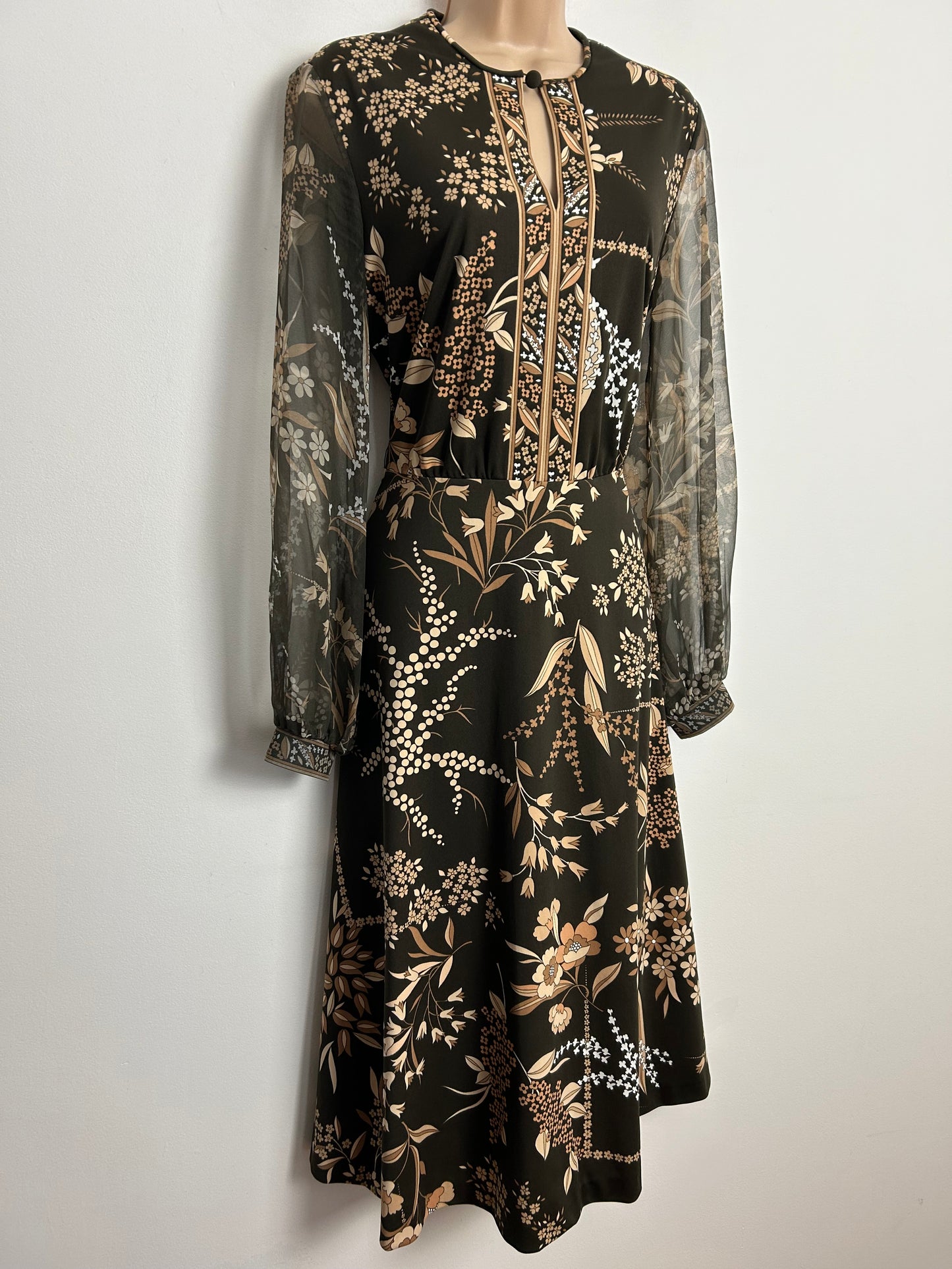 Vintage 1970s VERENA MODELLE UK Size 12 Brown Tones Floral Print Long Chiffon Sleeve Dress