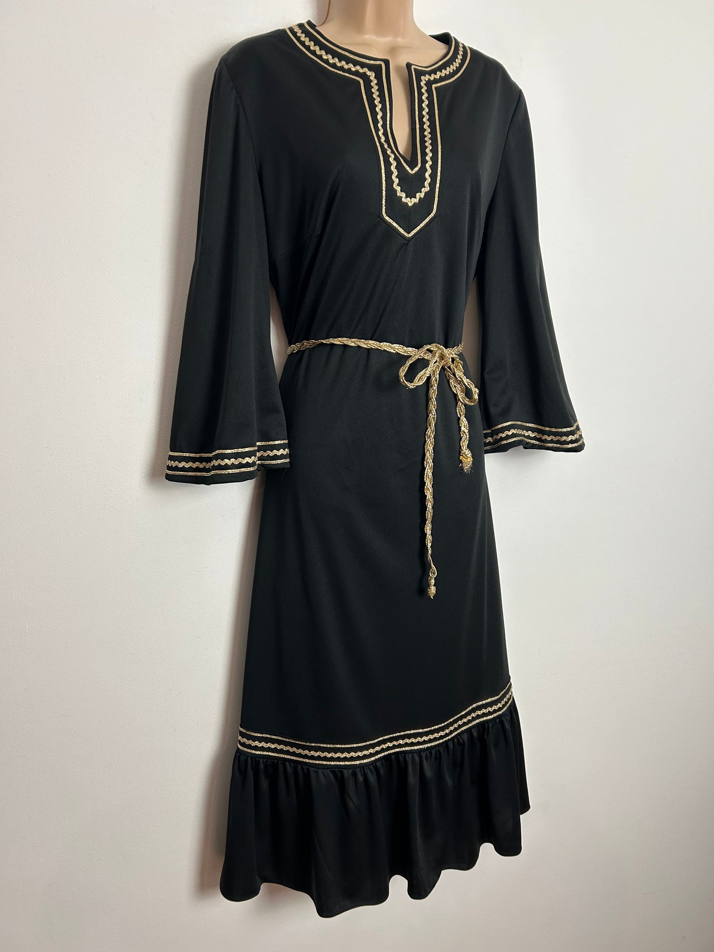 Vintage 1970s Size 14 Black & Metallic Gold Braid Trim Long Sleeve Belted Midi Dress