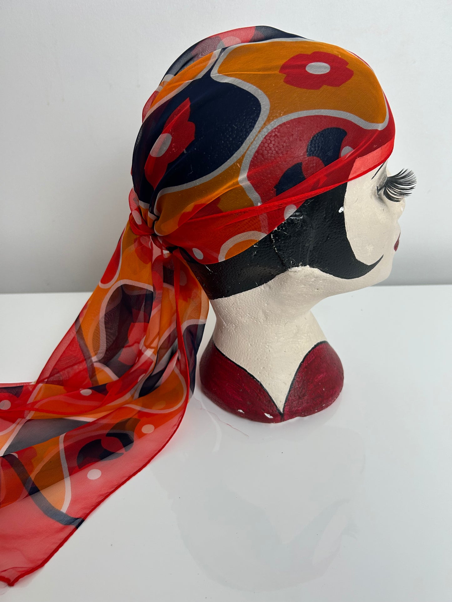 Vintage Red Orange & Navy Psychedelic Floral Print Chiffon Crepe Long Scarf