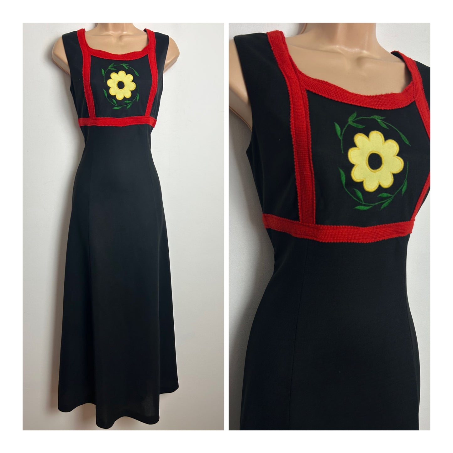 Vintage 1970s Size 8 Black Flower Applique & Red Braid Trim Sleeveless Maxi Dress