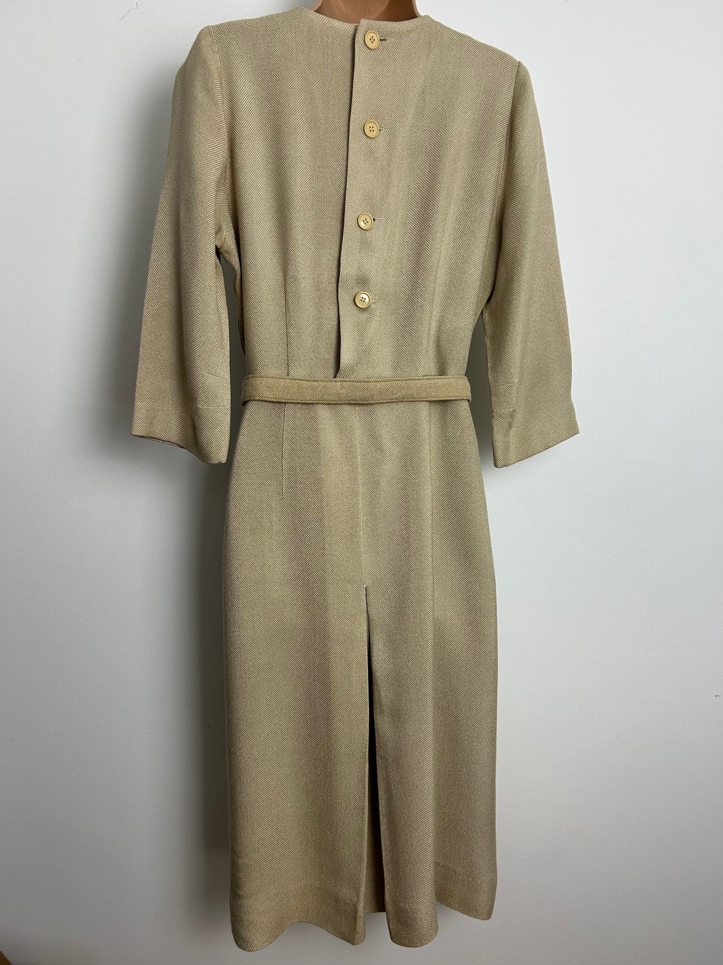 Vintage 1950s CHARLES BUTLER Size 12 Beige MOYGASHEL Irish Linen Belted Dress
