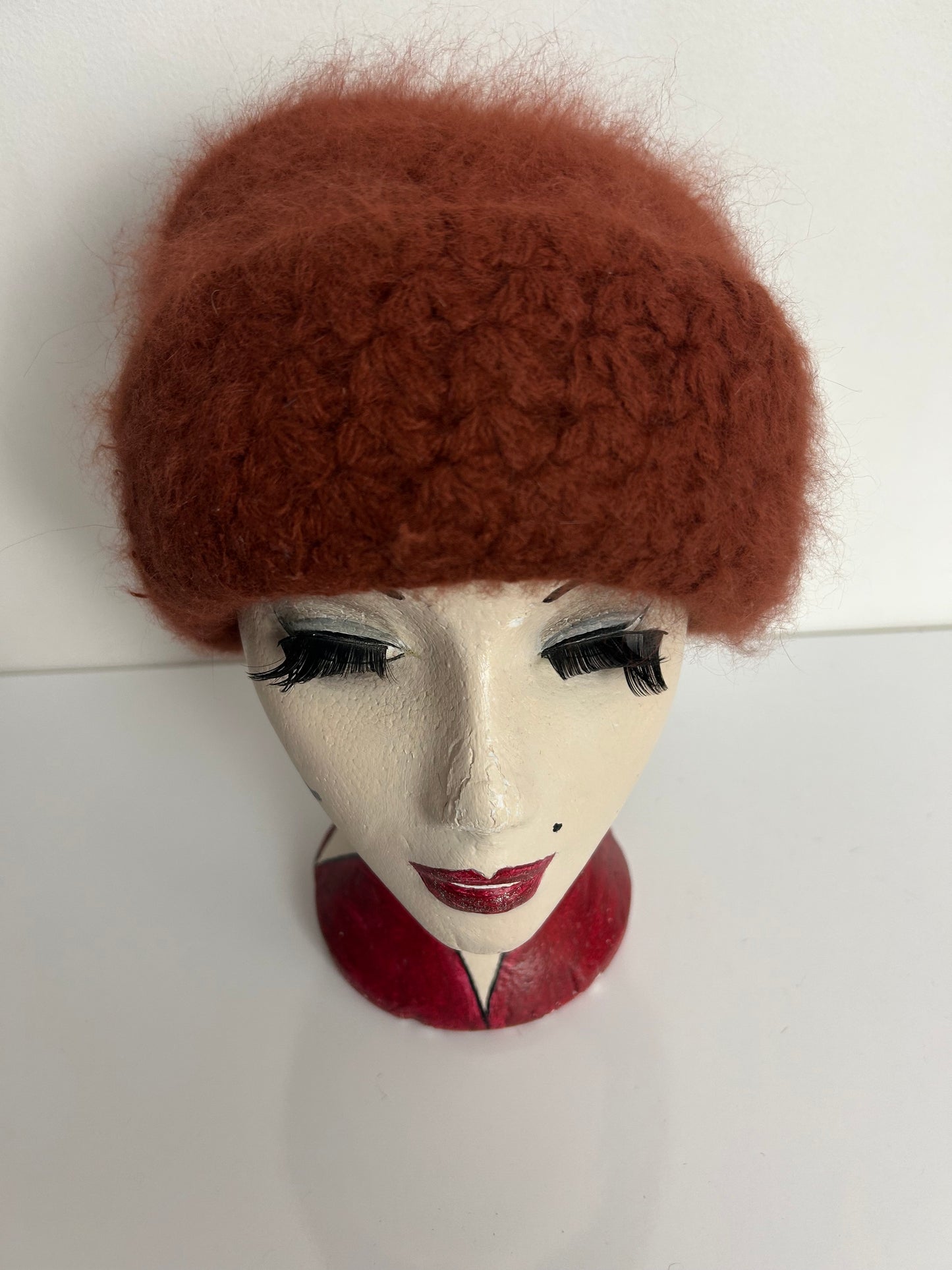 Vintage Handmade Dark Dusky Rusty Brown Angora & Wool Mix Chunky Knitted Winter Hat