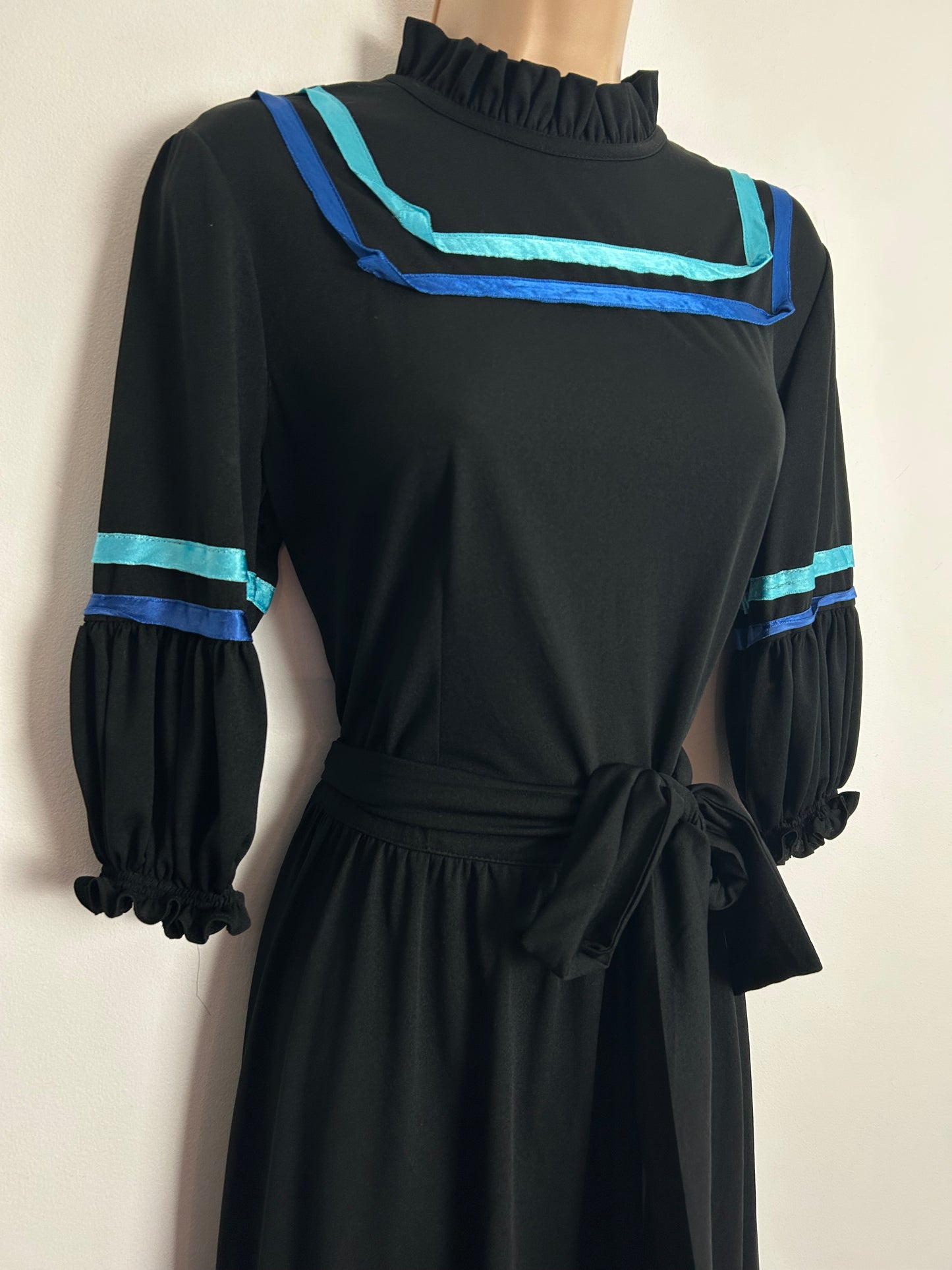 Vintage 1970s UK Size 14 Black Ribbon Trim Short Sleeve Belted Boho Prairie Maxi Dress