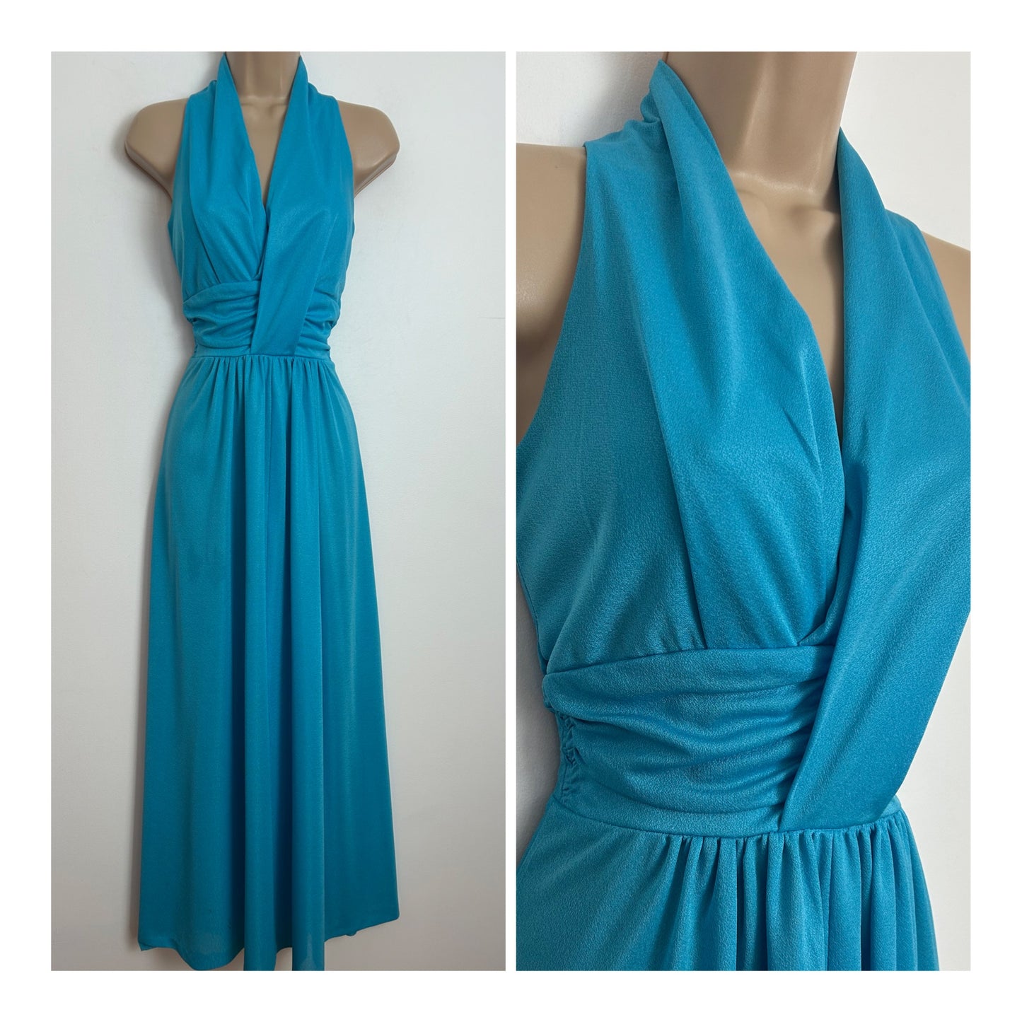 Vintage 1970s Size 6-8 Turquoise Blue Sleeveless Ruched Waist Summer Maxi Dress
