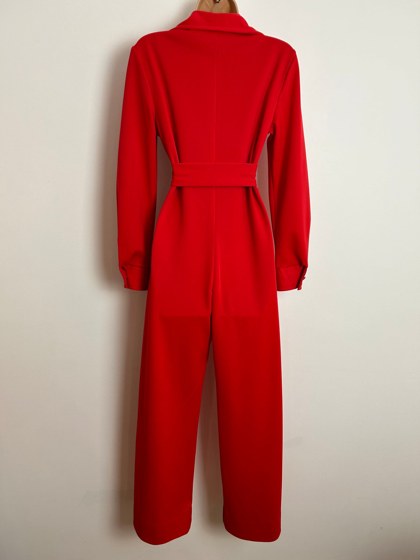 Vintage 1970s SEARS UK Size 12 Pillar Box Red Dagger Collar Belted Wide Leg All In One Jumpsuit