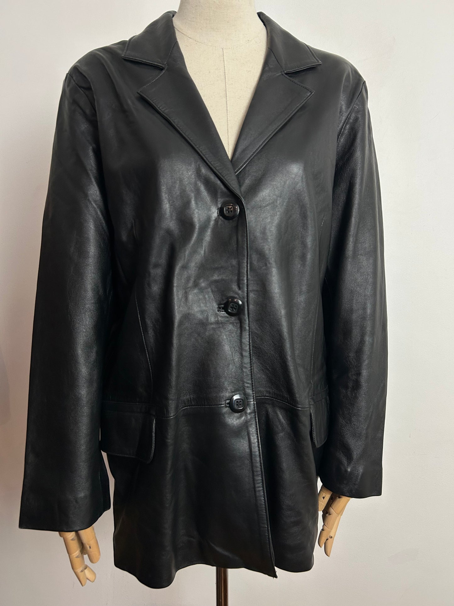Vintage 1980s UK Size 14-16 Black Supple Leather Blazer Style Fully Lined Jacket
