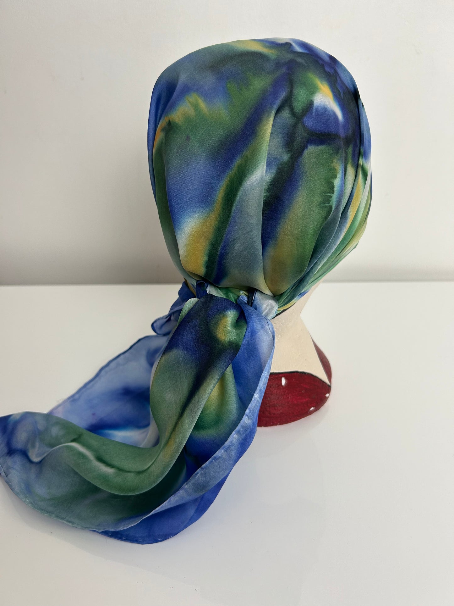 Vintage Blue Green & Lemon Tie Dye Effect Floral Print Silky Scarf 90cm x 85cm