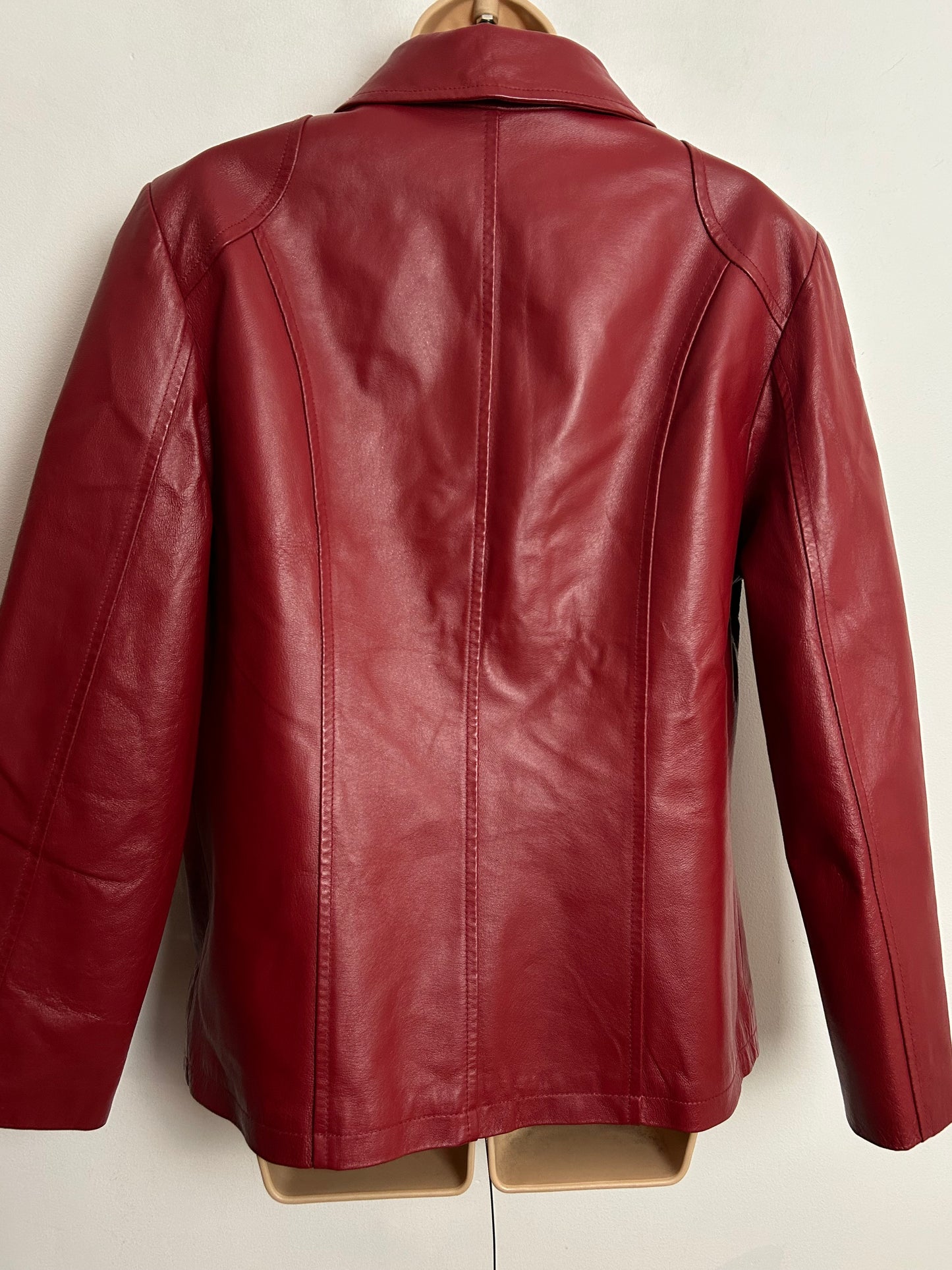 Vintage Late 1980s UK Size 14-16 Red Leather Zip Fronted Pocket Detail Jacket