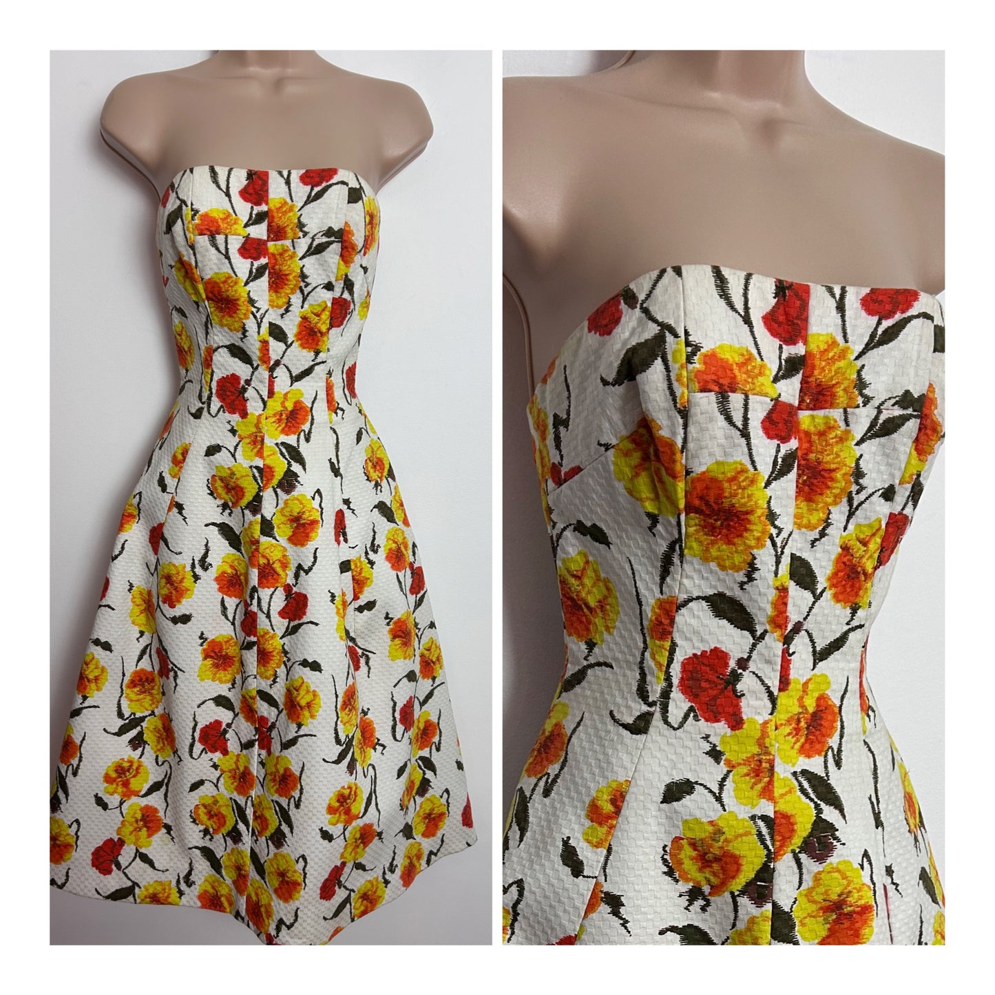 Vintage 1950s RICCI MICHAELS MAYFAIR Size 6-8 Off White Orange & Yellow Floral Print Strapless Boned Prom Dress