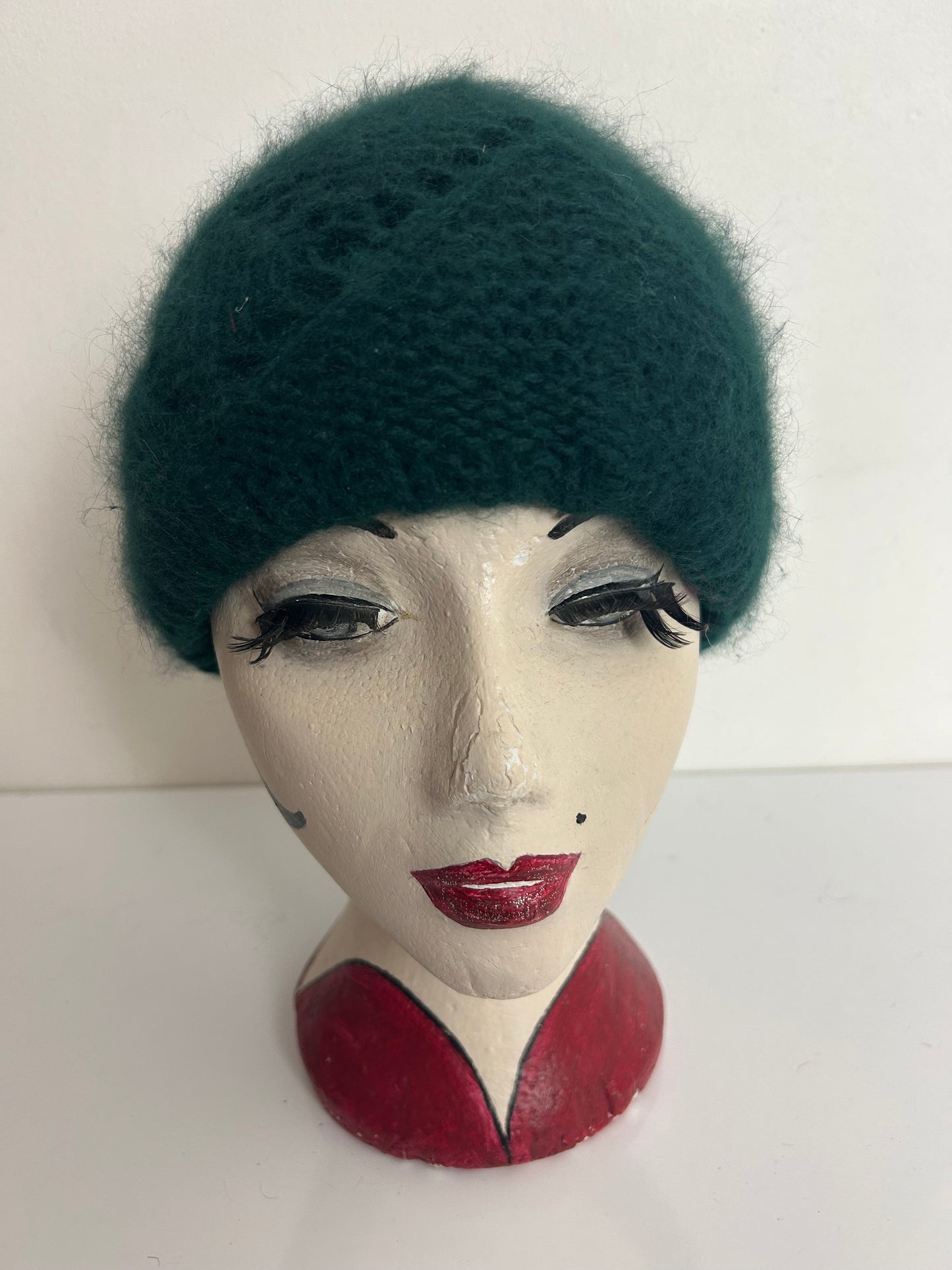 Vintage Forest Green Chunky Knit Angora & Wool Mix Beanie Style Hat