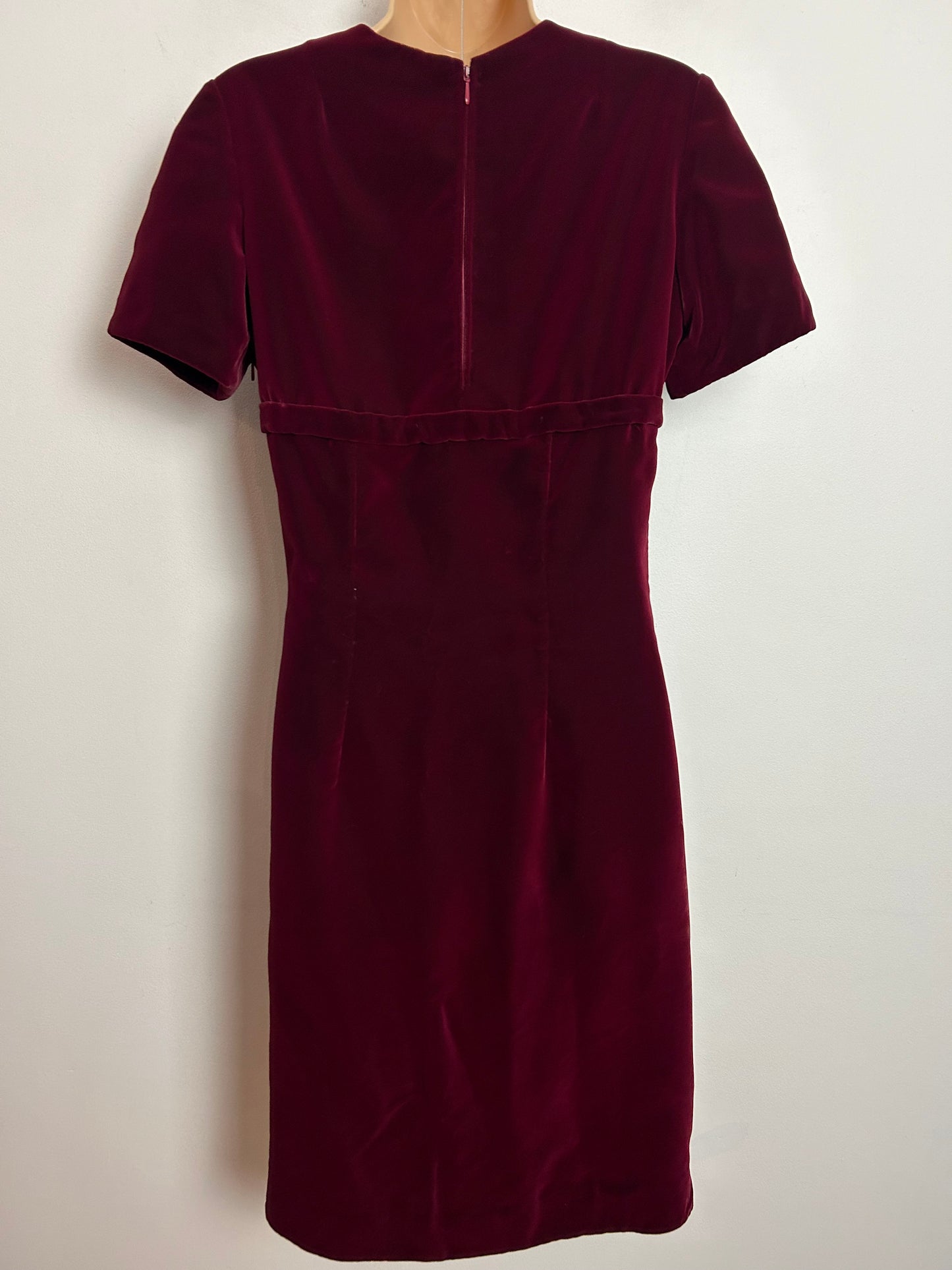 Vintage 1960s UK Size 10 Claret Red Velvet Short Sleeve Bow Detail Christmas Dress