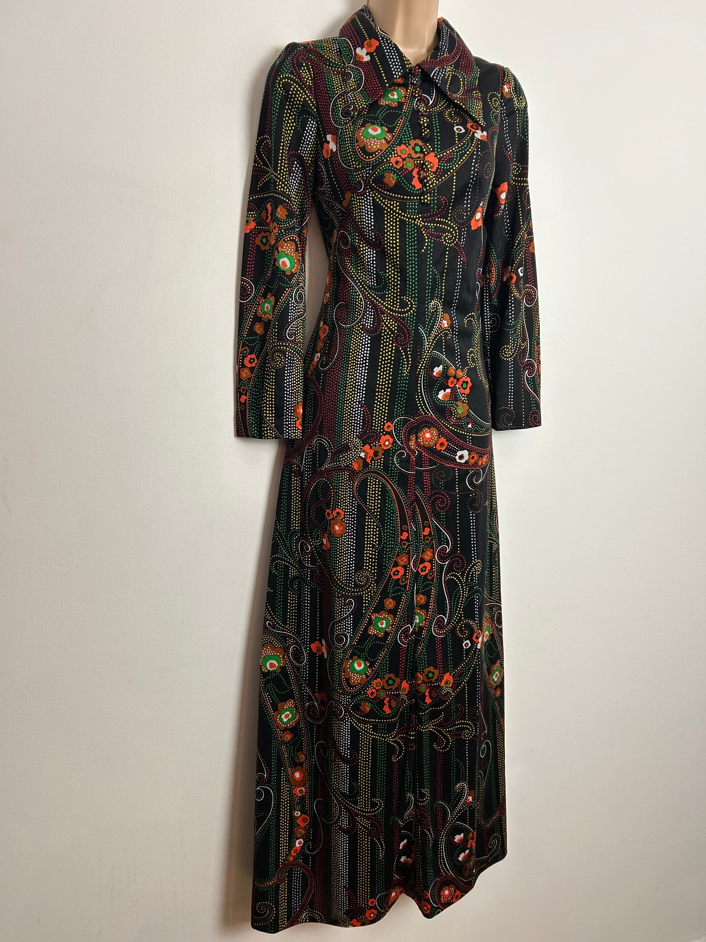 Vintage 1970's UK Size 6-8 Black Orange Brown Green & Yellow Floral & Spot Print Long Sleeve Maxi Dress