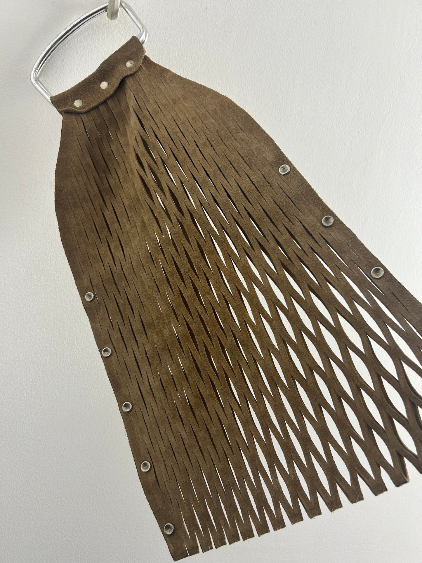 Vintage Late 1960s Beige Suede Leather Lattice Cutwork Stretchy Boho Bag