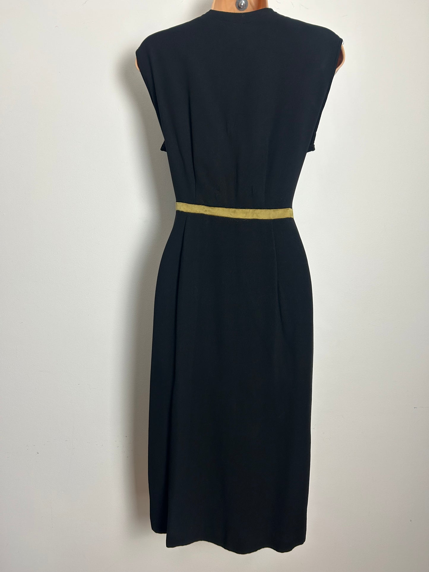 Vintage Late 1940s RARE ARTHUR BANKS Size 8-10 Black Rayon Satin Stripe Bow Detail Wiggle Party Dress