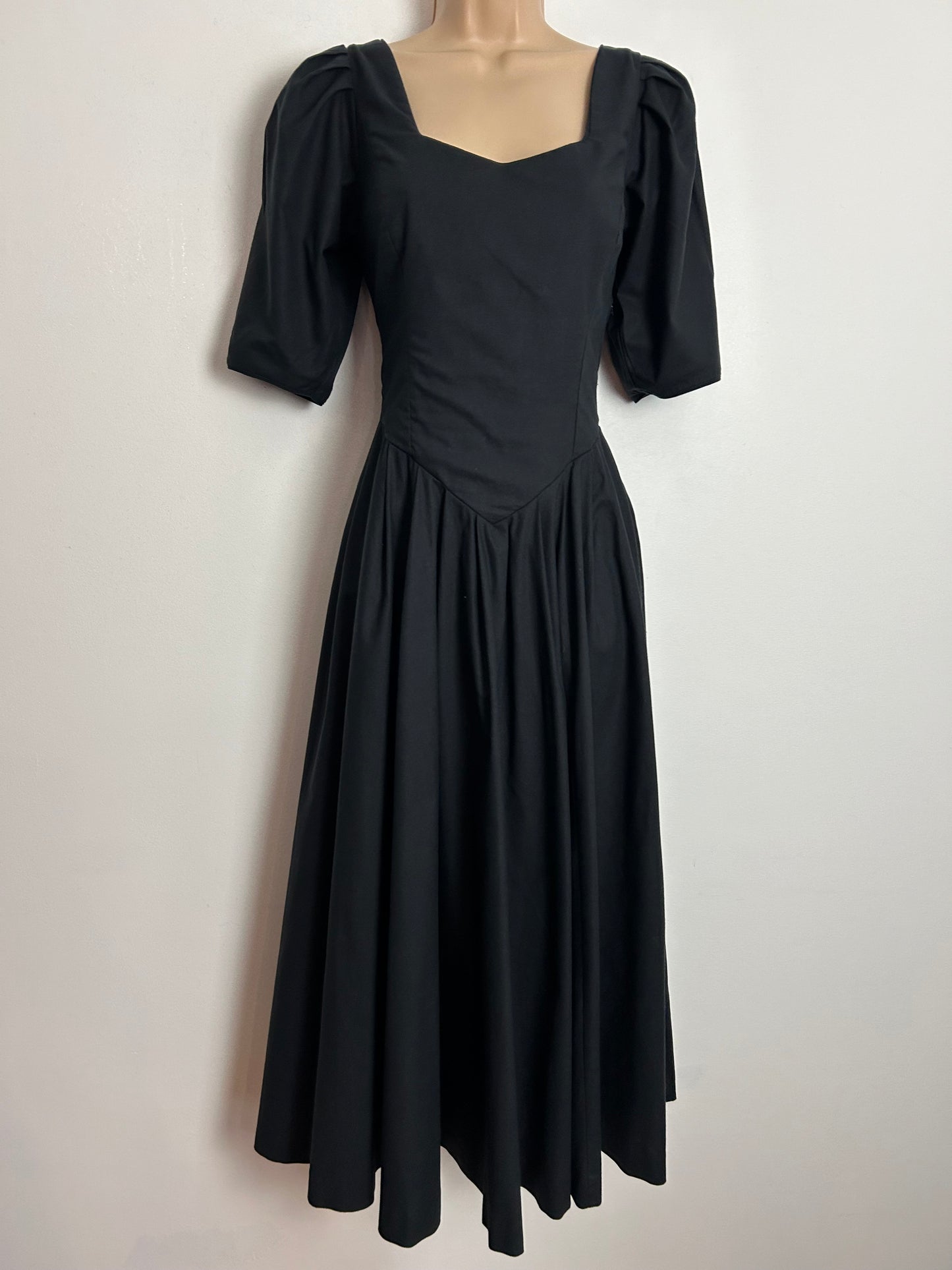 Vintage 1980s LAURA ASHLEY UK Size 8 (Size 12 On Label) Black Cotton Pleated Ballgown Party Dress