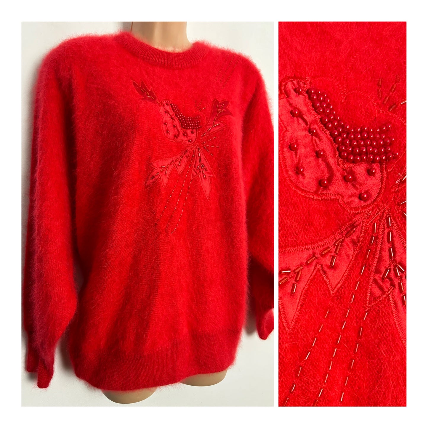 Vintage 1980s Size Large Super Soft Red Fluffy Angora Mix Applique & Bead Mix Jumper