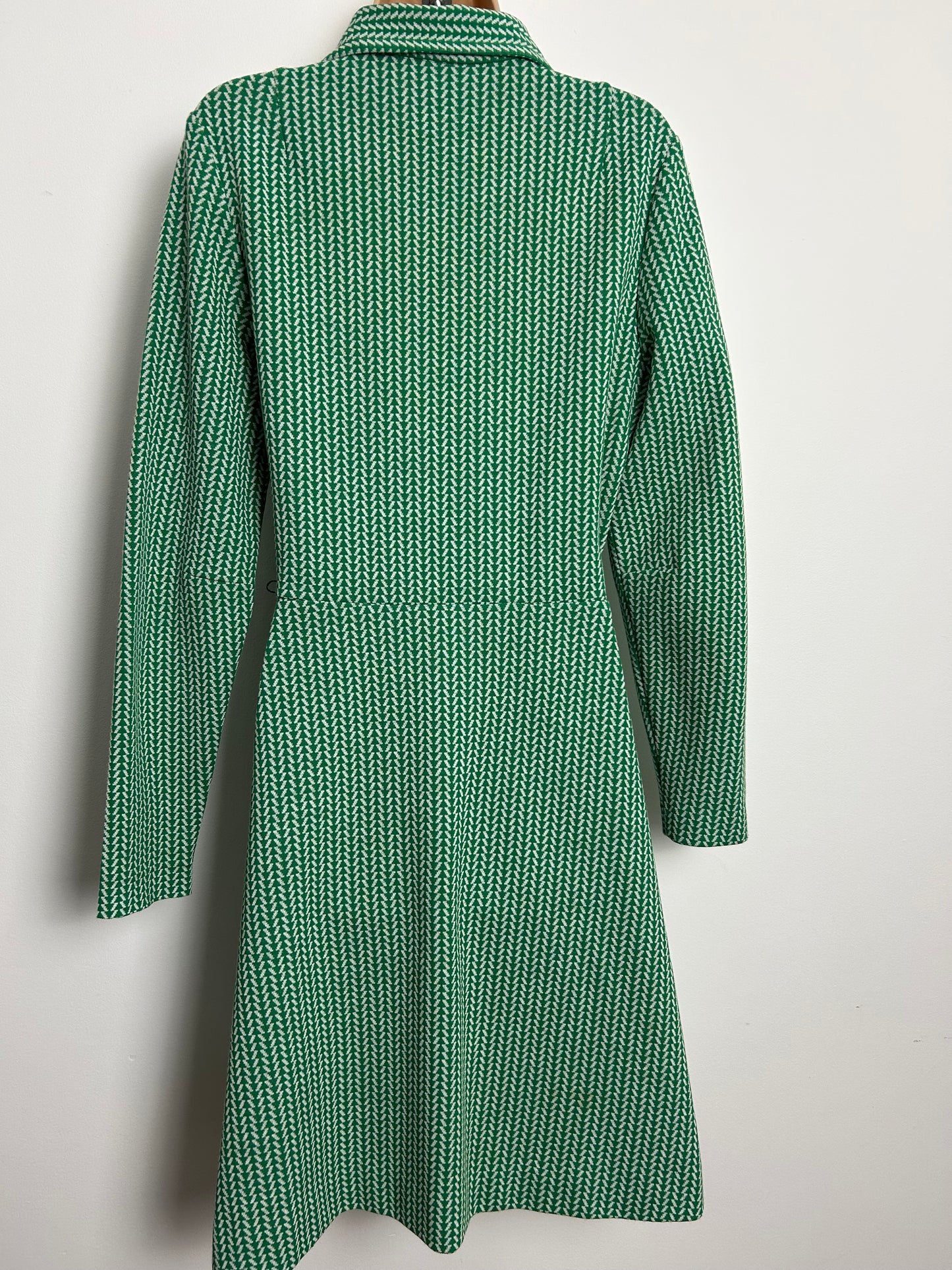 Vintage Early 1970s ST MICHAEL Size 12 Green & White Dash Print Zip Print Bow Detail A-Line Mod Dress