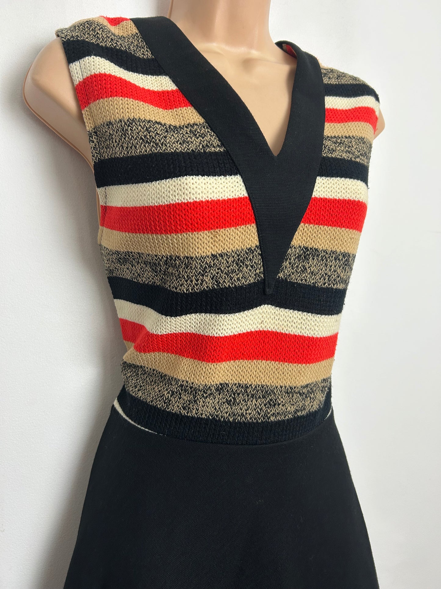 Vintage 1960s ST MICHAEL Size 12 Black Red Beige & White Stripe Print Sleeveless Mod Dress