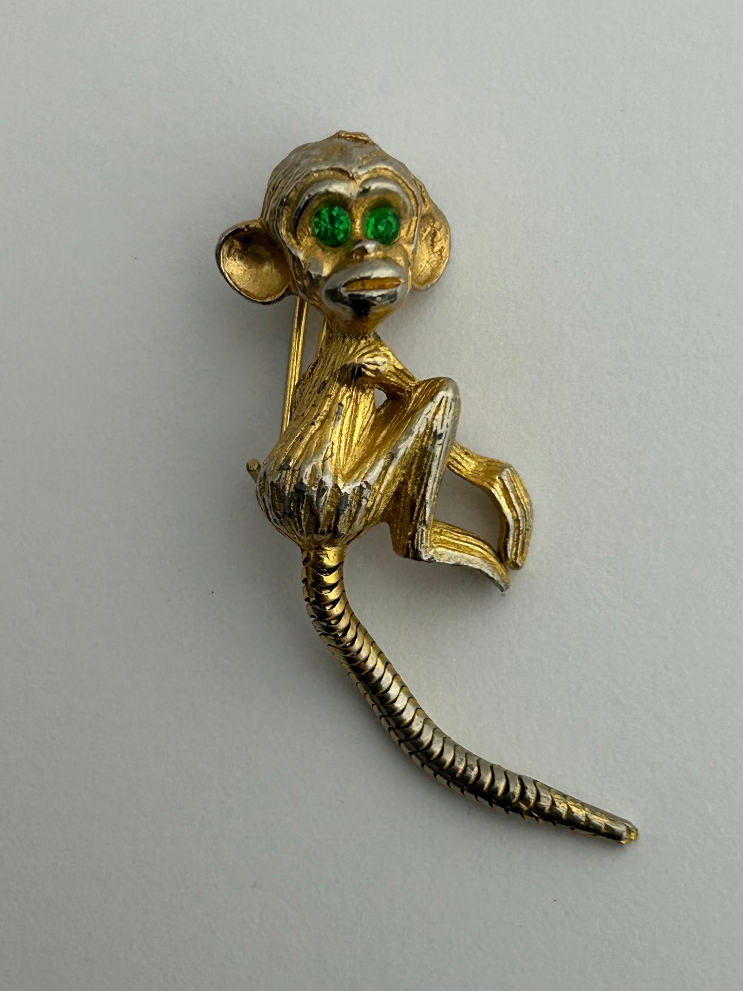 Vintage Gold Tone RARE French Articulated Tail Monkey Brooch With Green Stone Eyes