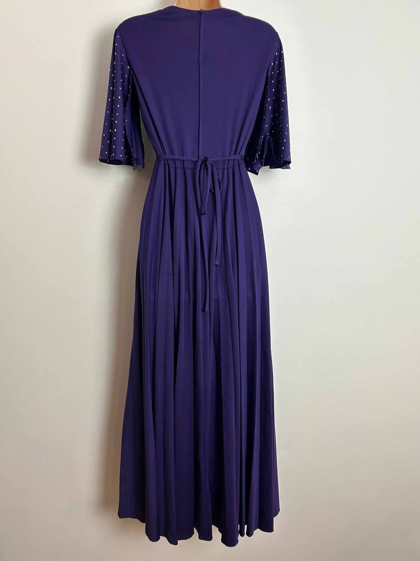 Vintage 1970s MAG FORTAIL UK Size 10 Purple & Silver Sequin Detail Pleated Occasion Maxi Dress