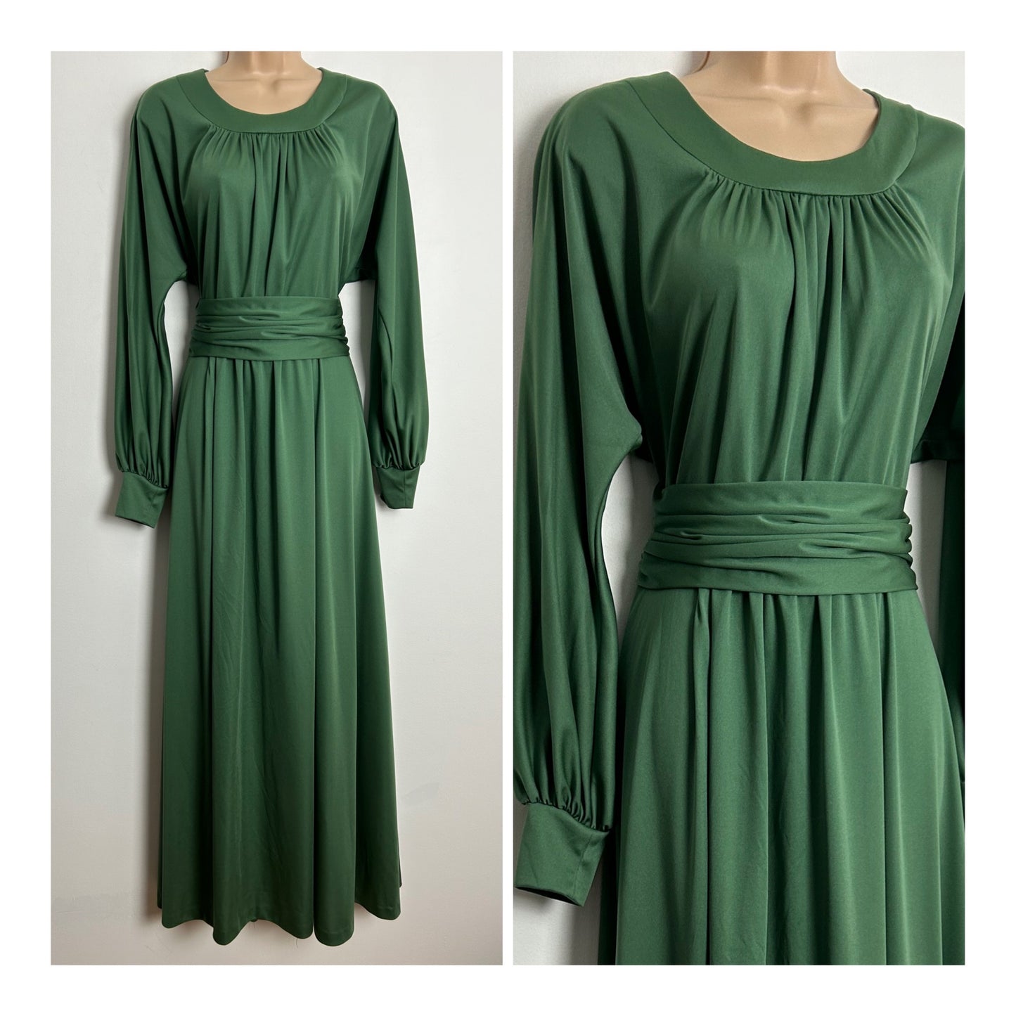 Vintage 1970s DEHA OF SWEDEN UK Size 8 Moss Green Long Dolman Sleeve Cummerbund Waist Detail Maxi Dress